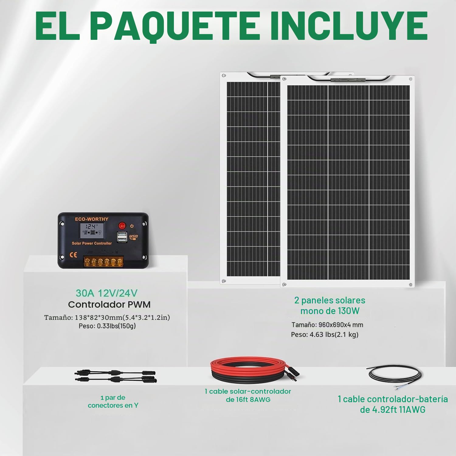 ECO-WORTHY - Kit de panel solar flexible (260 W, 12 V, sistema fuera de la red: 2 paneles solares flexibles 130 W, 30 A, pantalla LCD + 5 m, cable solar para caravana, autocaravana, barco, cabina