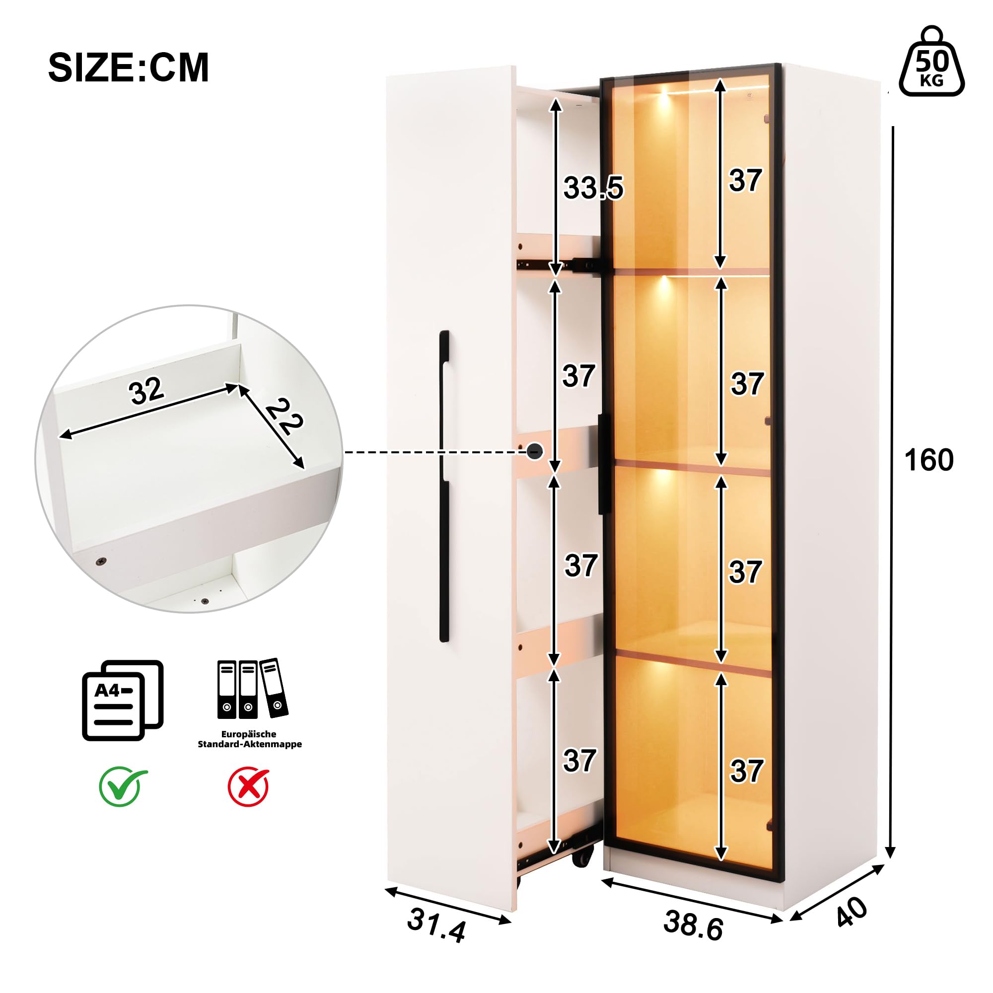 REXO Armadio multifunzione alto 160 cm, libreria e vetrina con ante in vetro temperato, telaio porta in alluminio, 1 anta, 1 cassetto laterale, con ruote, vetrina, tavolo da pranzo, bianco
