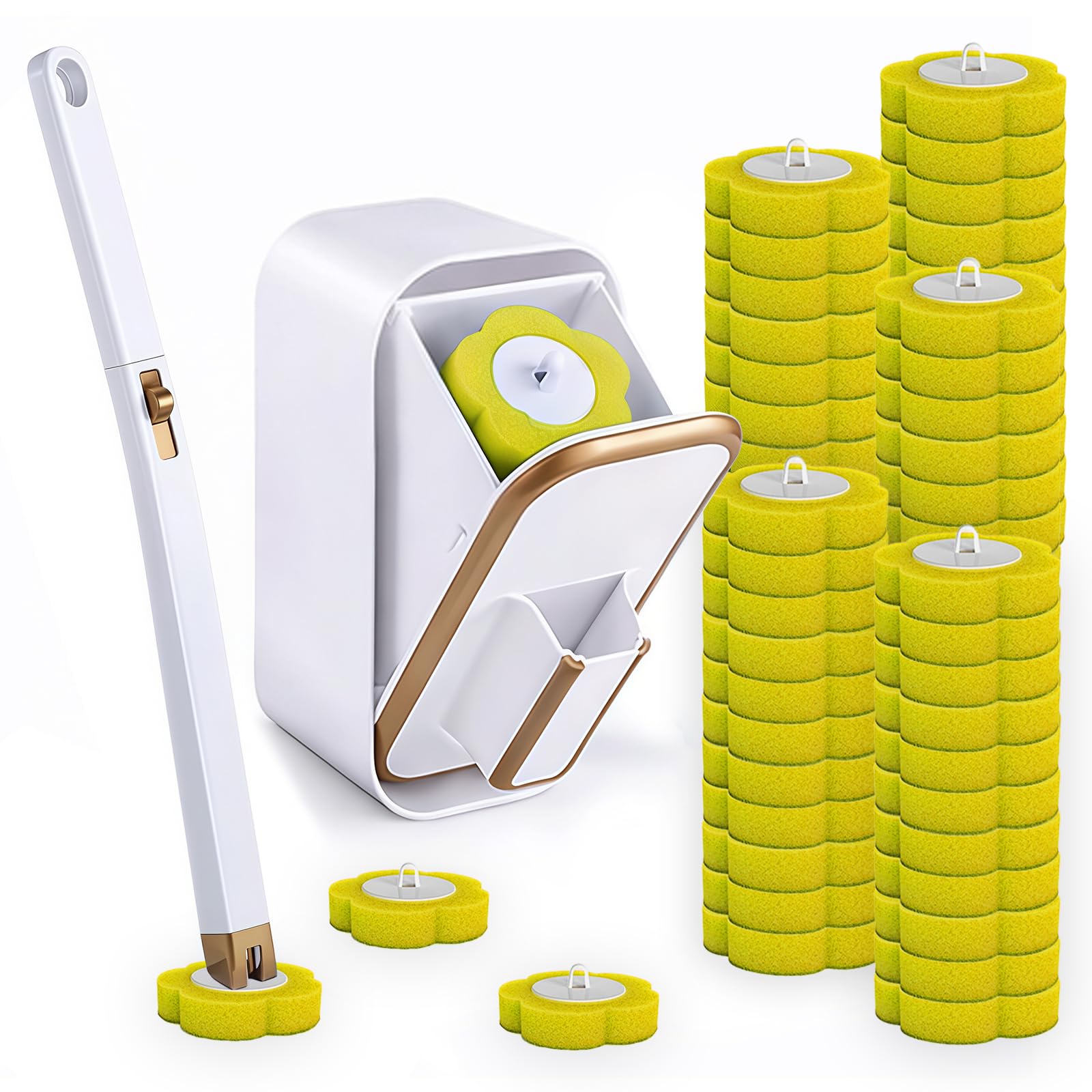 Toilet Wand Kit, Disposable Toilet Brush with 60 Refills, Toilet Brush Replacement Head with Handle Wall-mounted Holder Cleaner Set for Home Bathroom Kitchen (Yellow)