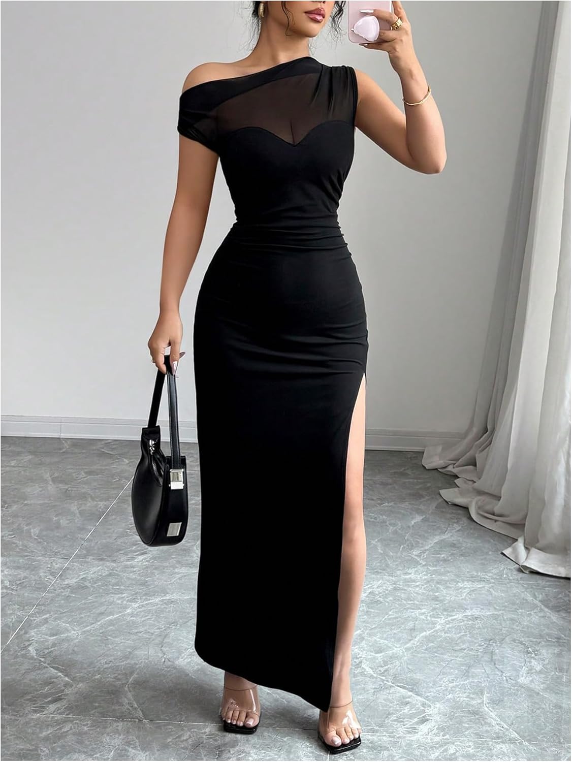 GORGLITTER Women's Mesh One Shoulder Bodycon Maxi Dress Elegant Classy Sleeveless Cocktail Prom Casual Summer Sundress - Image 5