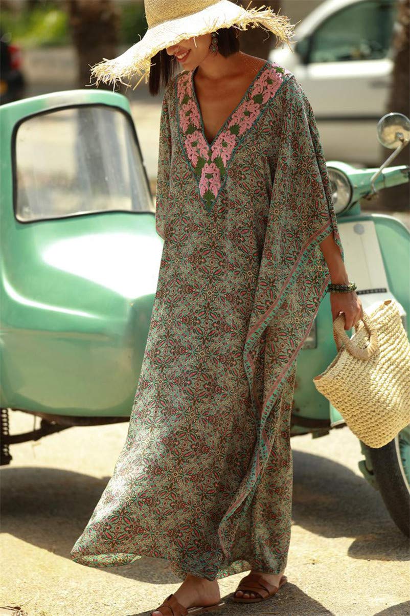 LikeJump Femmes Bohémien Col en V Bohème Kimono Maxi Bikini Cover Ups Été Robe de Plage Caftan