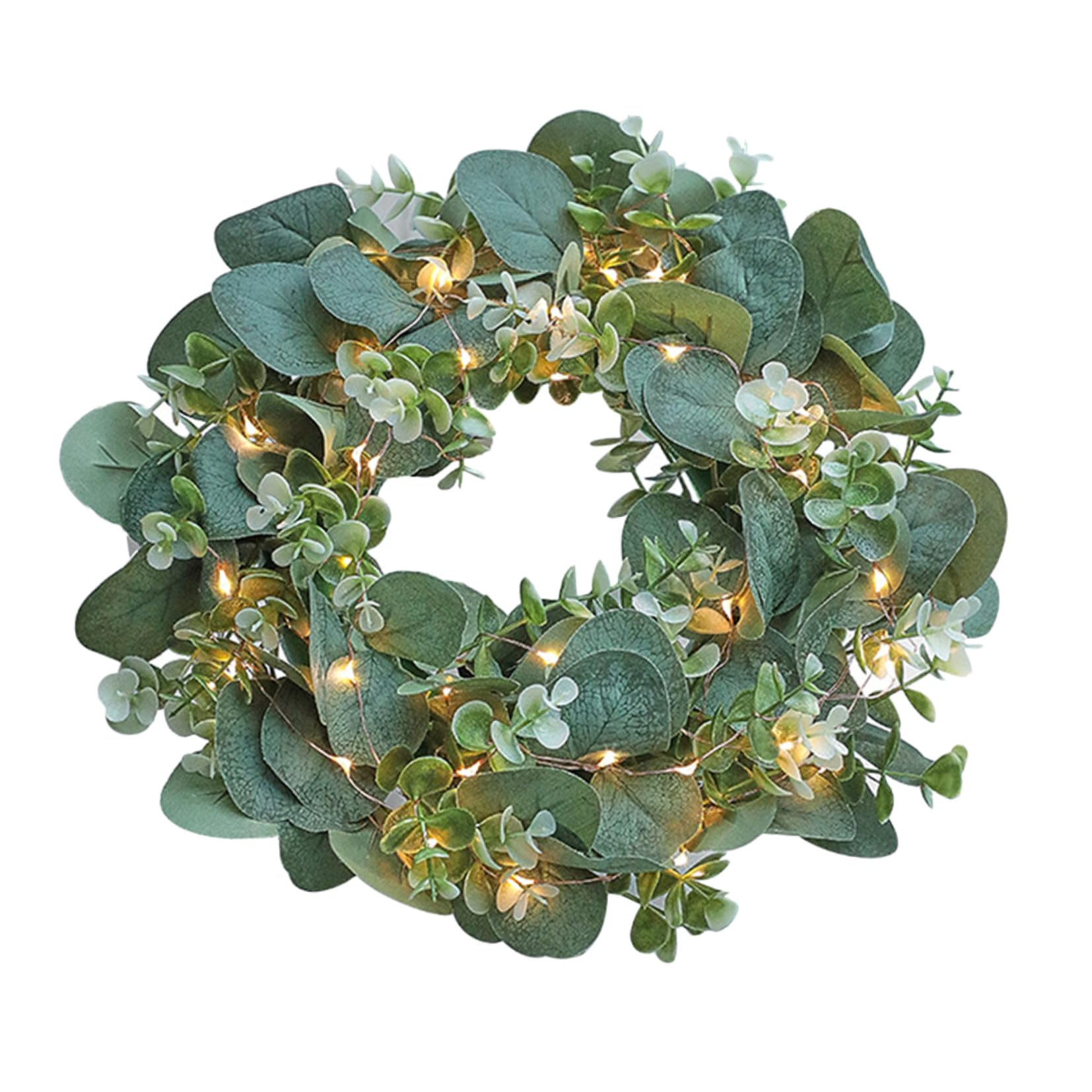 Couronne d'eucalyptus artificielle lumineuse extérieur pour porte d'entrée sans entretien