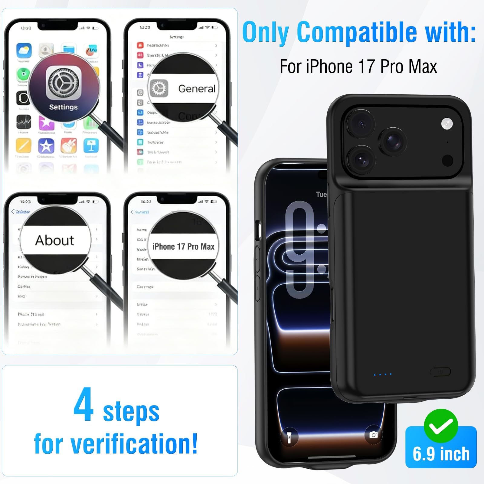 Custodia Con Batteria Per iPhone 17 Pro Max (6,9 Pollici), Caricabatterie Portatile Da 8500 mAh, Custodia Ultra Sottile Con Batteria Estesa E Custodia Protettiva Con Funzione Di Ricarica Per