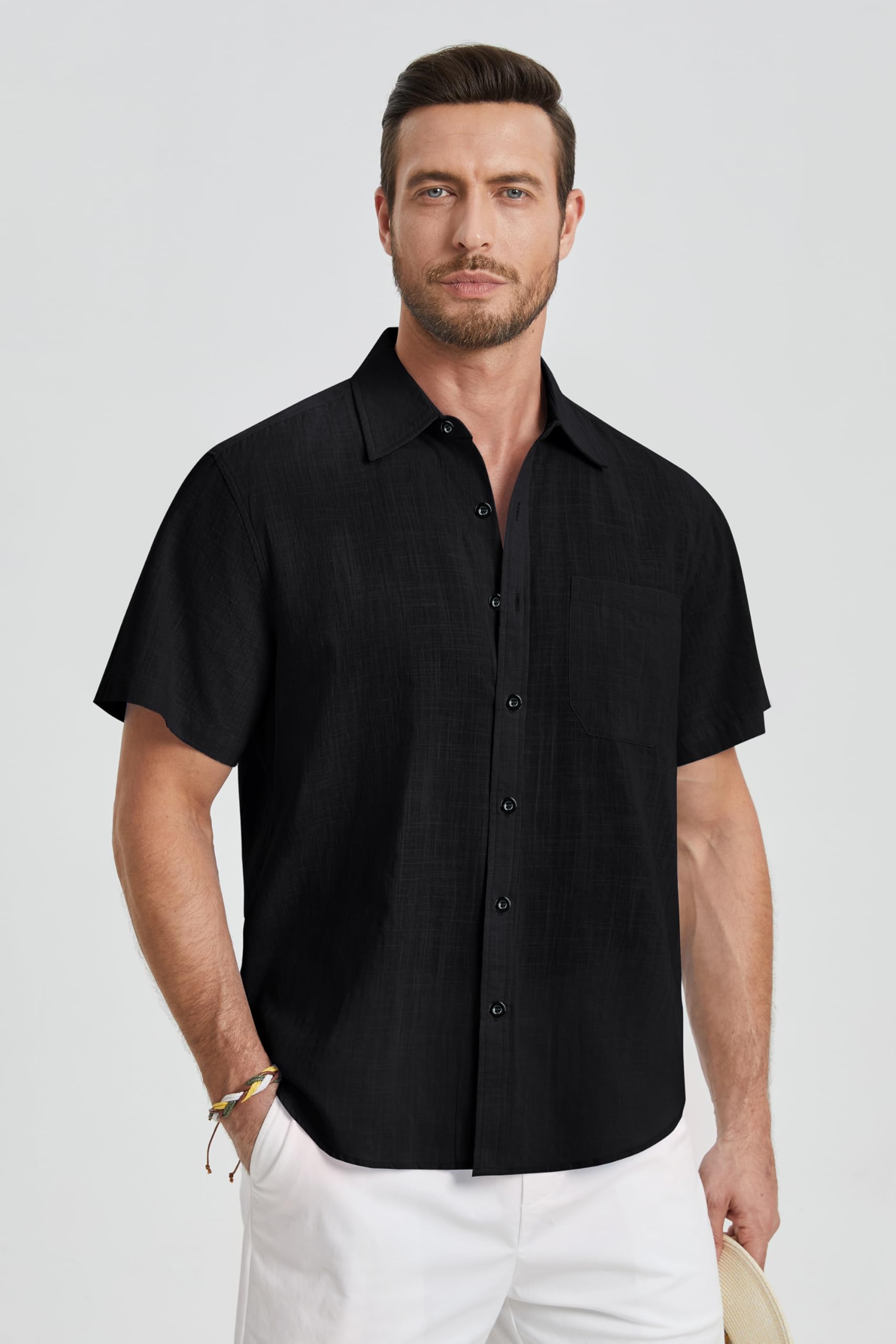 HISDERN Camisa Lino Hombre Manga Corta Casual Verano Color Sólido Camisas Elegante Algodón Camisa con Bolsillo con Botónes Shirt Regular Fit