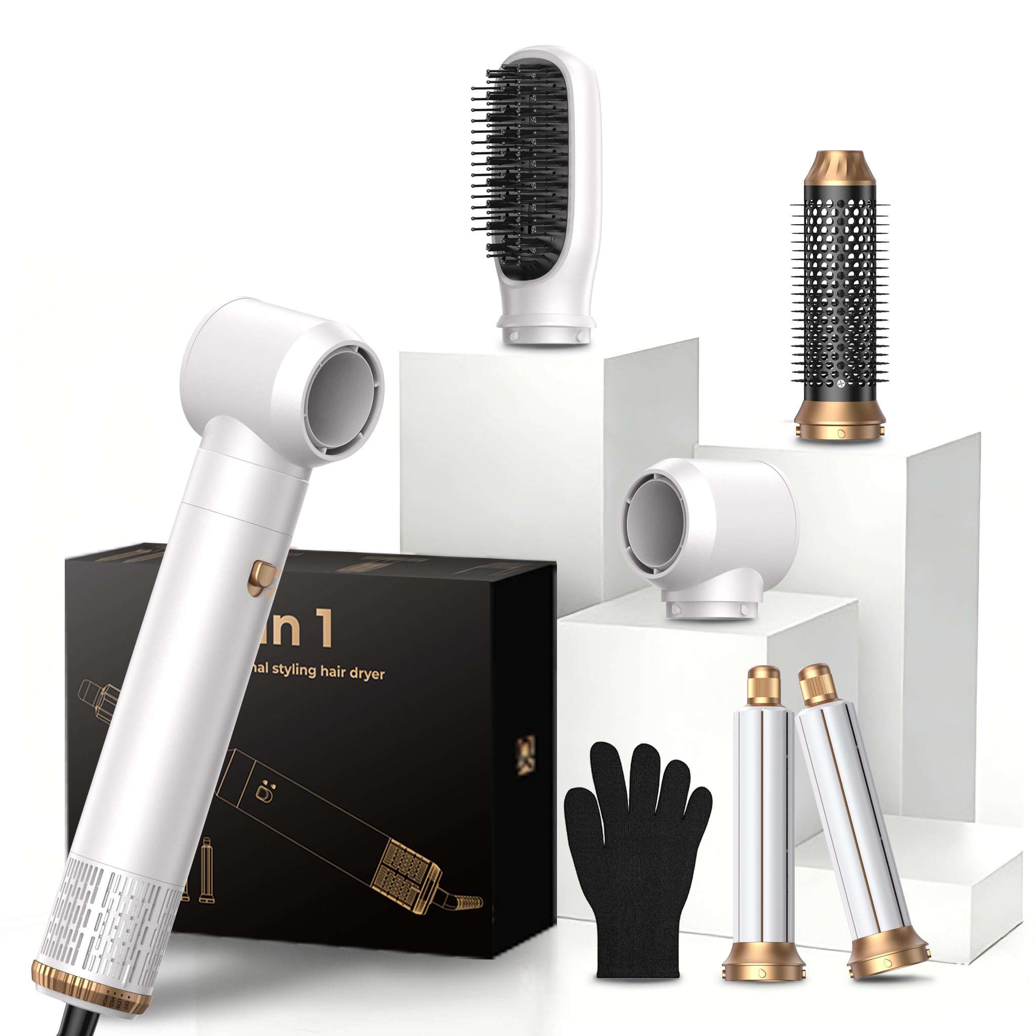 Blow Dryer Brush Set 5 in 1, Low Heat Hair Care Hot Air Styler Negative Ion Air Curling Wrap Air Curler, Round Brush Blow Dryer Curling Iron Hair Styling Tools Gift for Dry,Volumize,Straight,Curl