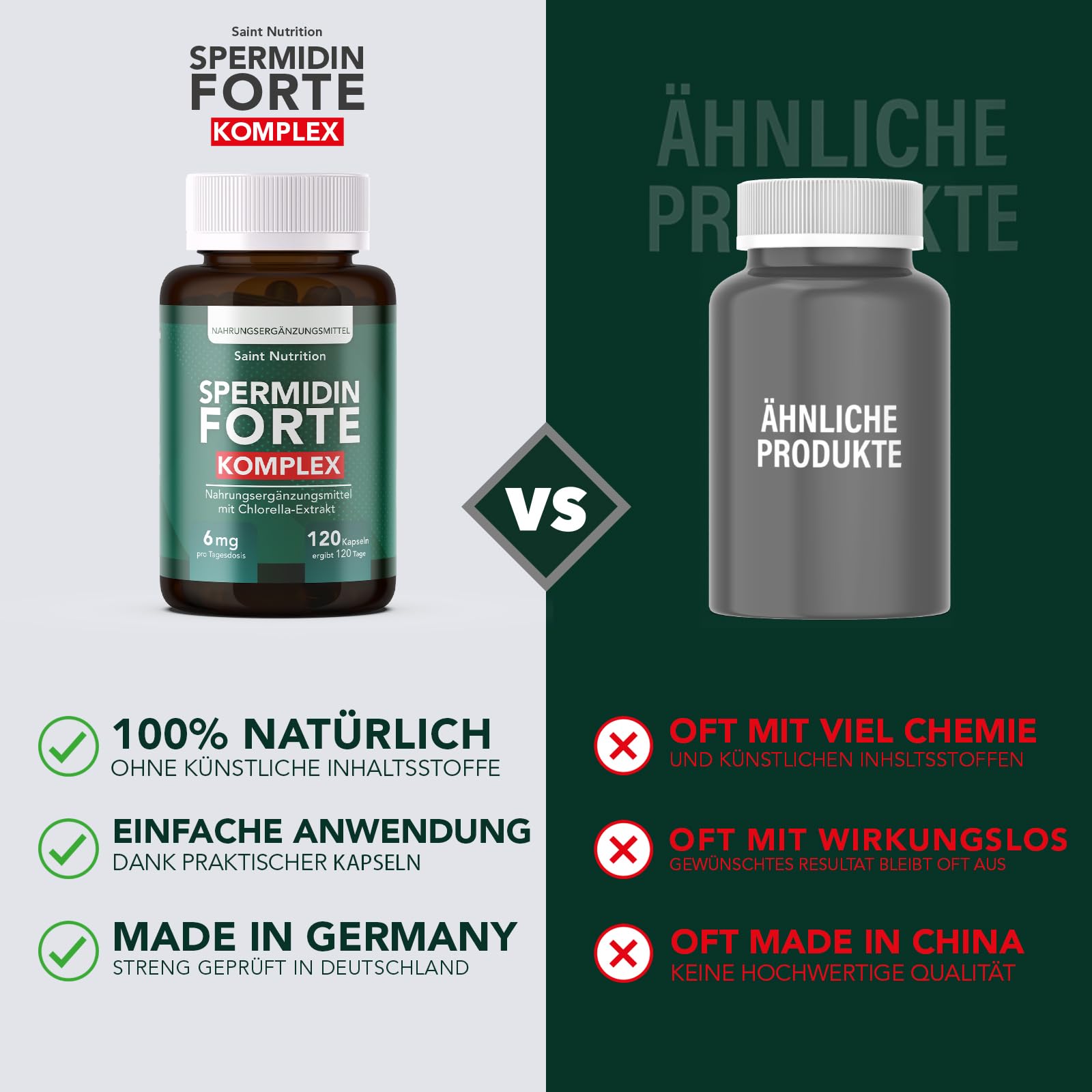Saint Nutrition® Spermidin Kapseln – Hochdosiert mit 6mg Spermidin pro Kapsel – aus natürlichem Spirulina Algenpulver & Chlorella Extrakt – Unterstützt Zellschutz, Zellregeneration & Vitalität