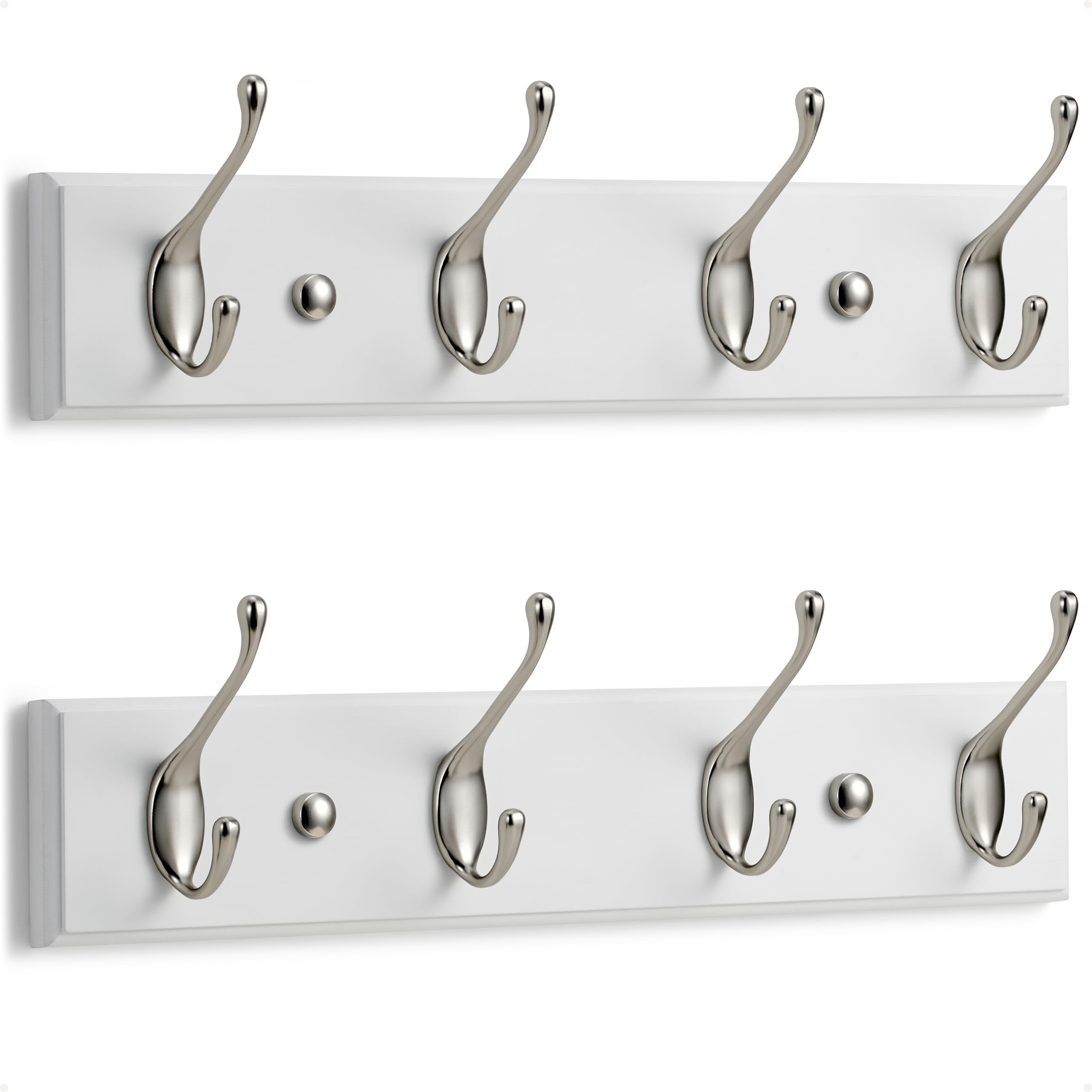 LARHN White Coat Hooks Wall Mounted Coat Rack (2-Pack), 4 Matt-Nickel Wall Hooks, 42 cm