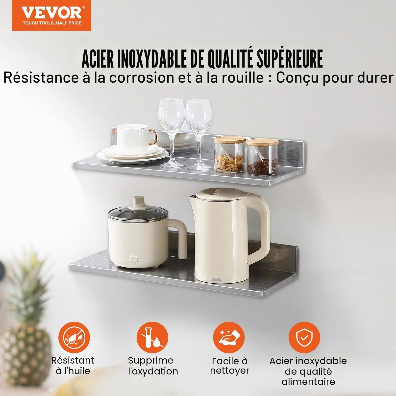 VEVOR Étagère Murale 2PCs 610x218x85 mm Tablette Flottante en Acier Inoxydable avec Dosseret Charge Max. 20 kg Design Ouvert pour Livres Cadre Photo Plante Épices Salon Bureau Salle de Bains Cuisine