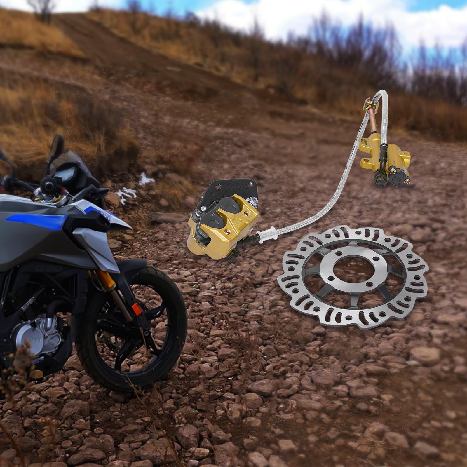 MotoCross zestaw hamulców hydraulicznych, zacisk hamulcowy tylny, części zamienne do motocykla, kompletny zestaw premium z wytrzymałą tarczą hamulcową i okładzinami, do 49-125 cm³, 4-suwowych rowerów
