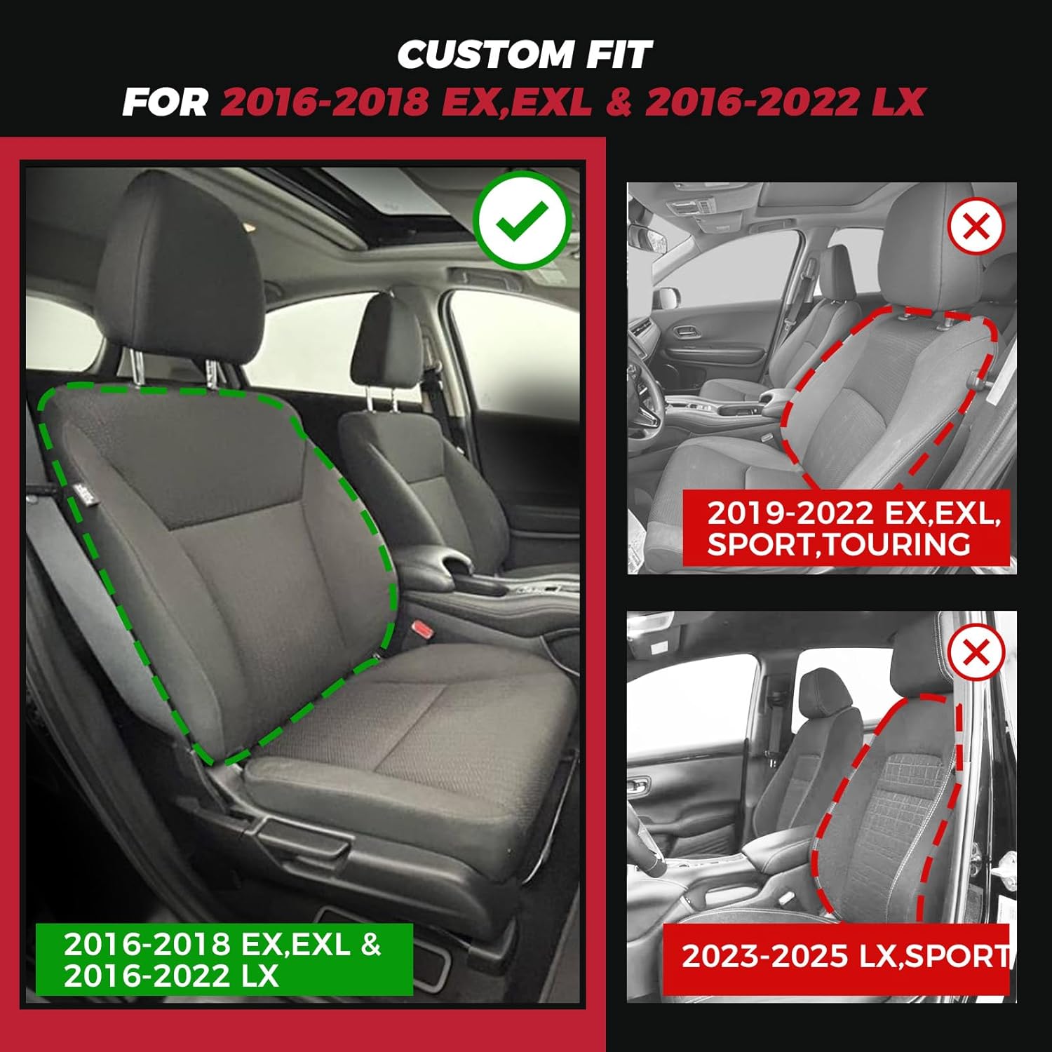 freesoo hrv seat covers for honda hrv lx 2016-2022 & hrv exl?ex 2016-2018,faux leather car seat cover full set waterproof - black black 2016-2018ex & 2016-2022 lx