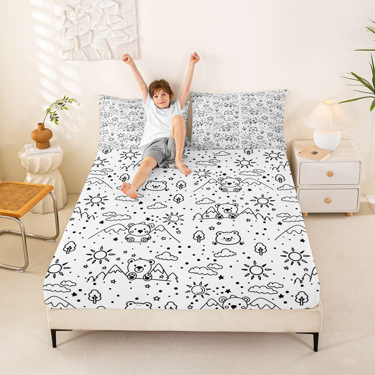 Loussiesd Drap Housse 180x200cm Mignon Ours Mignon Animaux Imprimered Drap-Housse Dessin animé Modèle pour Matelas Épais jusqu'à 30 cm Polyester Microfibre