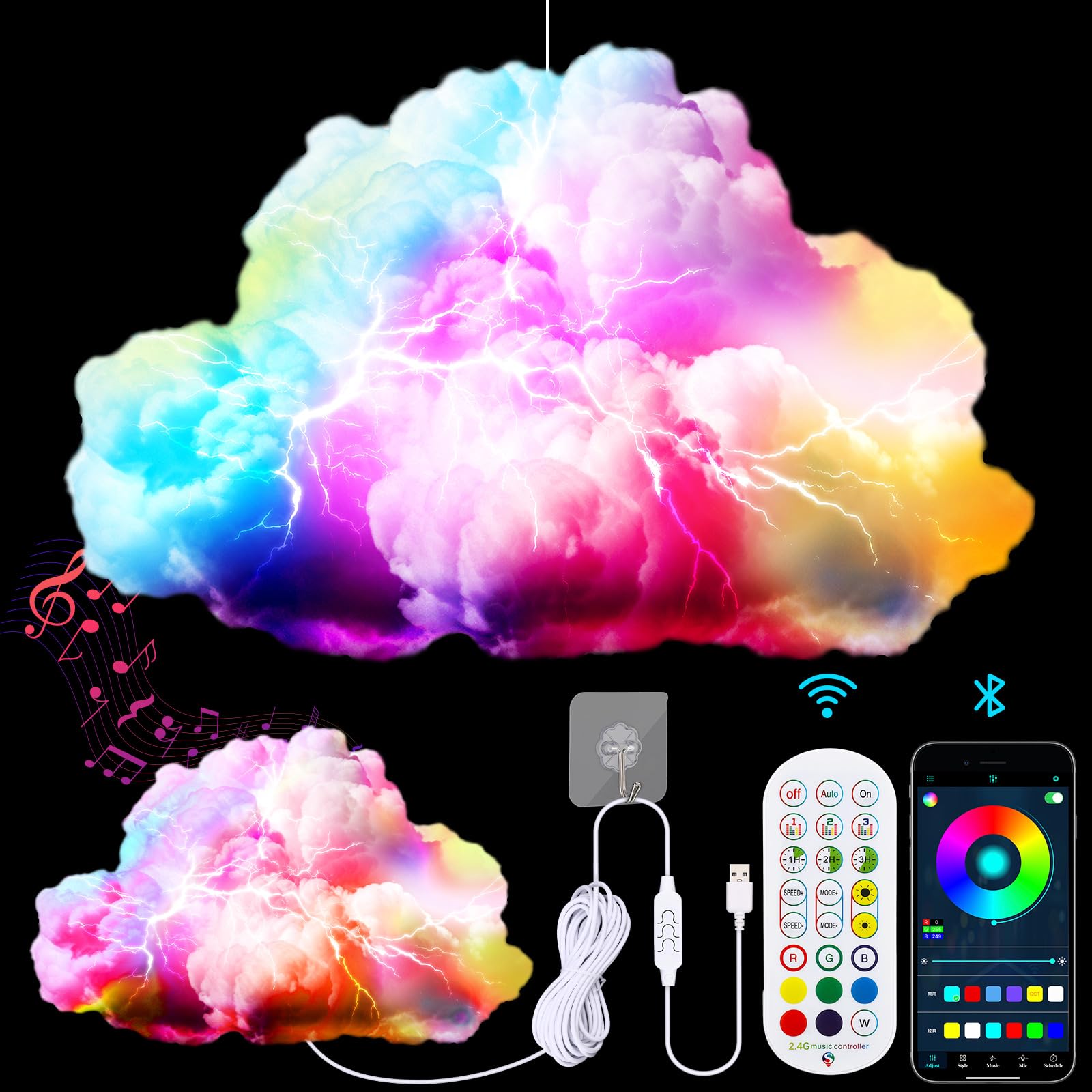 VIHOSE40×28inch Large 3D Cloud Led Light Lantern Kit Cotton Thundercloud Music Sync Multicolor Changing Strip Lightning Atmosphere DIY Thunder Cloud Lamp Wall Ceiling Light for Bedroom Gaming Party