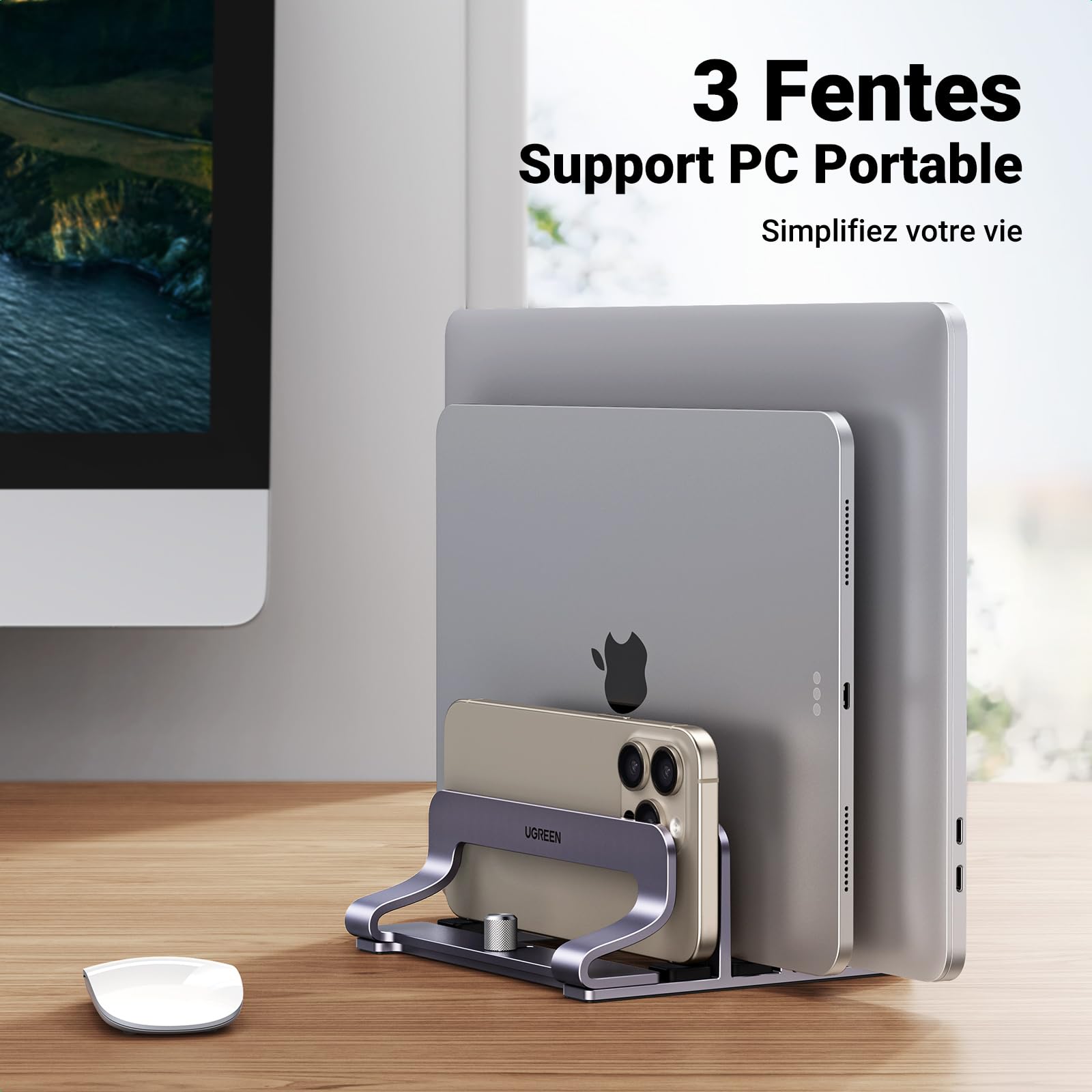 UGREEN 3 en 1 Support Ordinateur Portable Vertical Laptop Stand Triple Fente Porte Bureau Réglable Compatible MacBook Pro Air