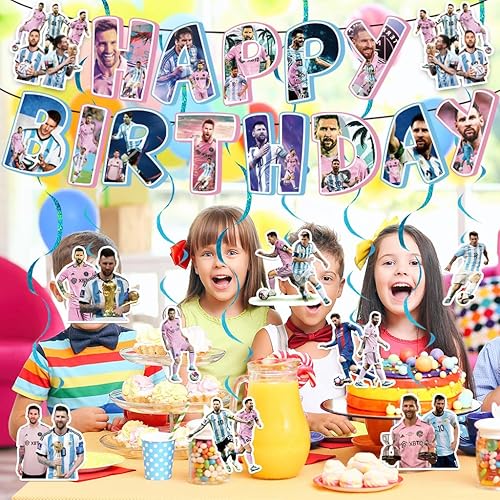 Miniatura 6 de Cartel de suministros de fiesta de cumpleaños de fútbol y 8 espirales colgantes para decoración de cumpleaños de fútbol de fútbol, niños y niñas