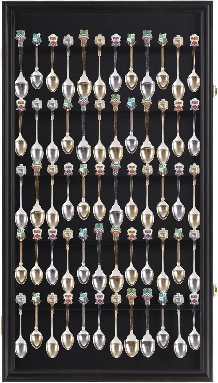 DisplayGifts 60 Souvenir Spoon Tea Spoon Display Case Rack Holder Wall Cabinet Frame, UV Protection, Lockable Door (Black Finish)