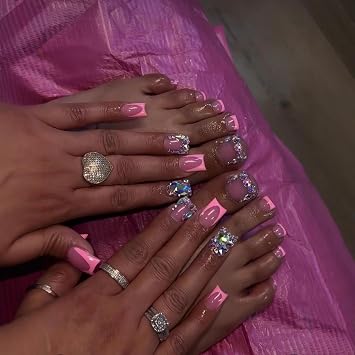 48 Pcs Diamond Press on Nails Pink Press on Toenails Set Square Fake Nails with Design French Tip Glue on Nails Glossy Artificial Acrylic Full Cover False Toe Nails Stick on Nails for Women Manicure