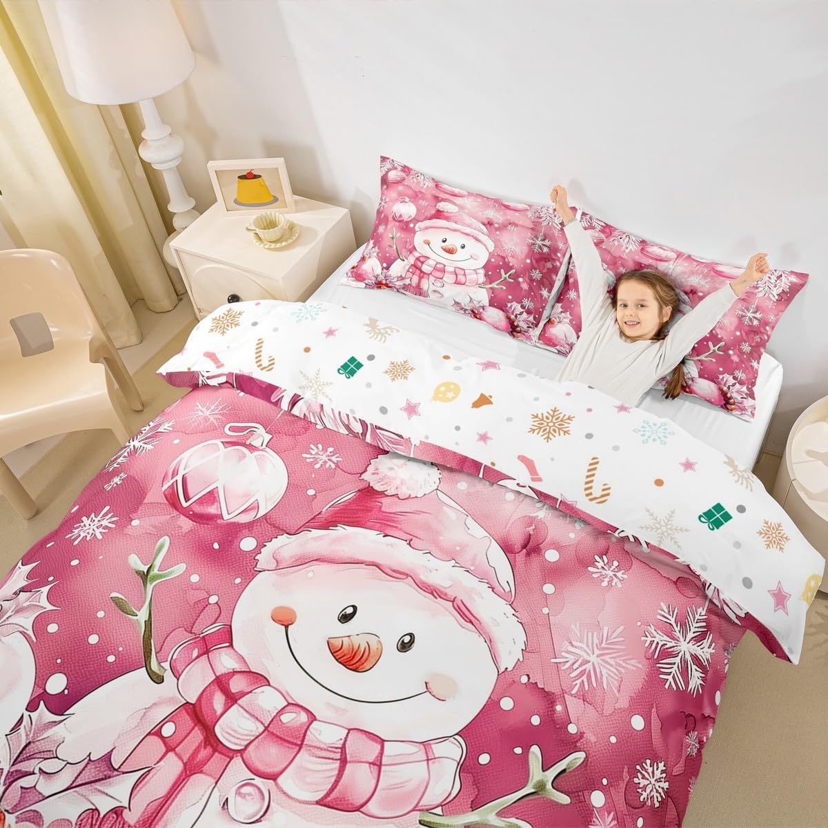Erosebridal Pink Snowman Full Duvet Cover - Christmas Decorations Cute Bedding Set for Girls Boys Kids, Winter Snowflake Bed Set | Xmas Themed Quilt Cover 3 Piece Bedroom Decor