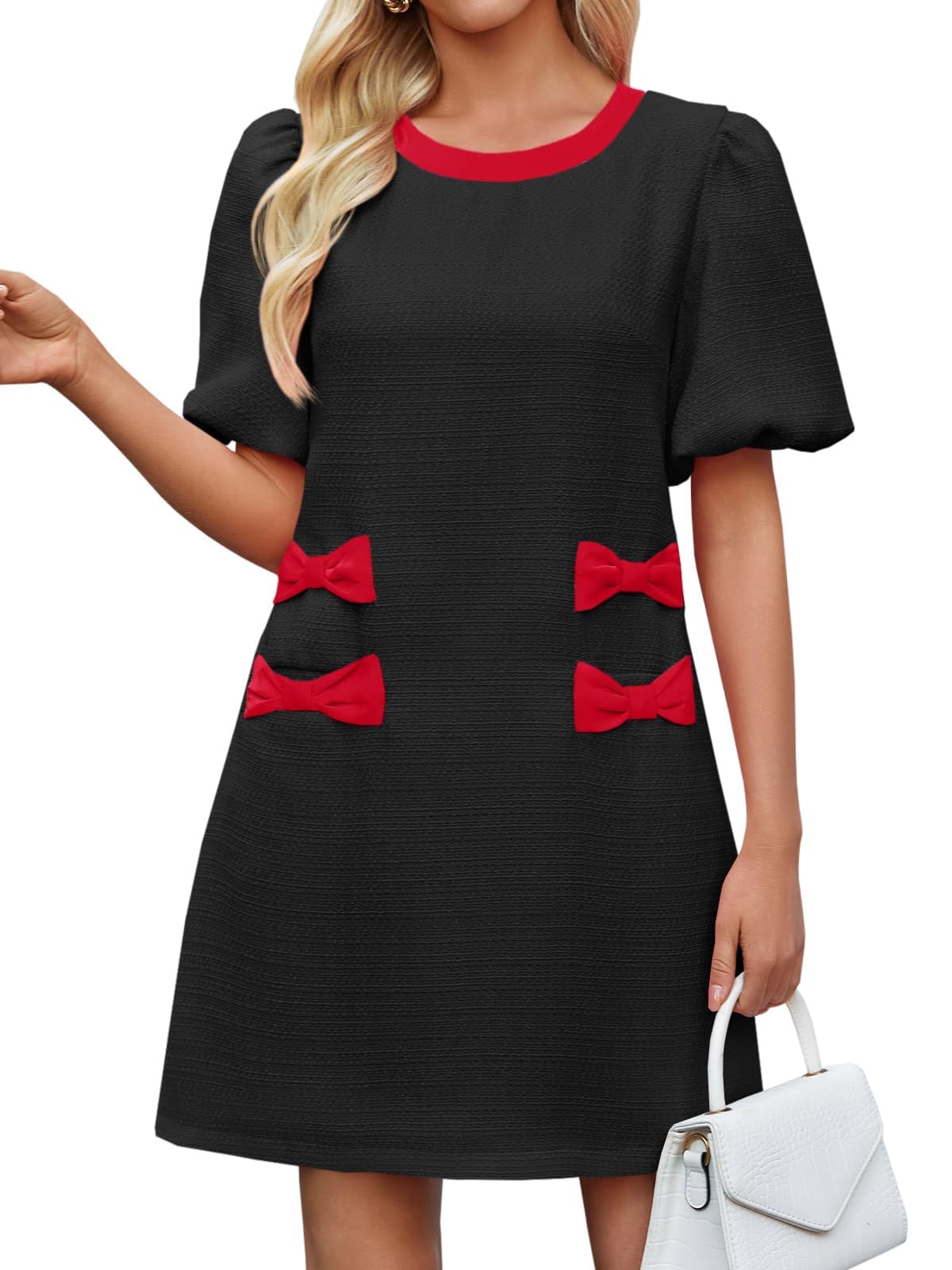 Wenrine Womens Summer Mini Dress Casual Tweed Short Sleeve Bow Work Business Dresses with Pockets