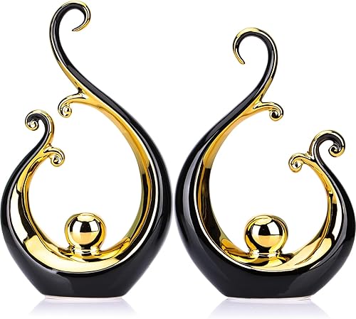 Acento de decoración del hogar negro y dorado, 2 piezas, arte abstracto moderno, estatua y esculturas de decoración de cerámica, para decoración de