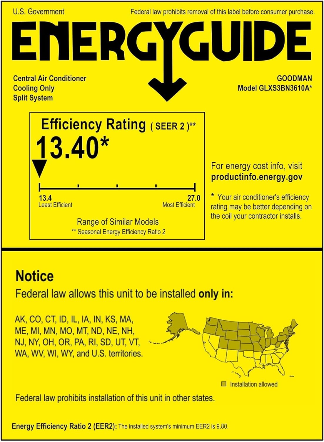 EnergyGuide Label for Goodman GLXS3BN3610 AC Condenser