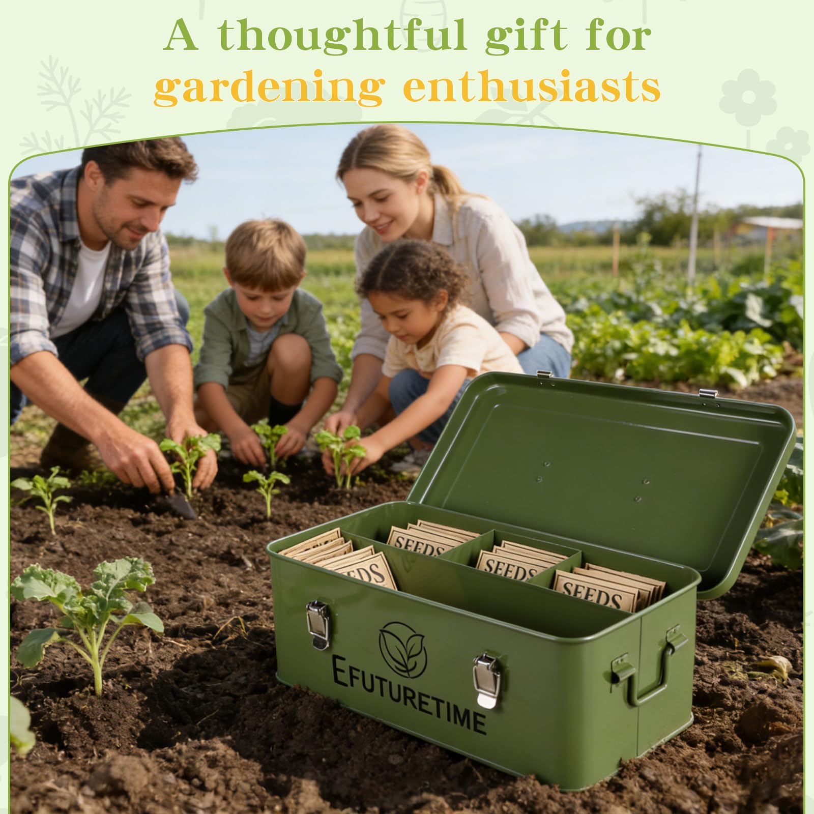 efuturetime Boîte à Graines Potager en métal 32,5×17×13cm, Boîte de Rangement à Graines avec Couvercle, 30 Étiquettes pour Plantes 30 Enveloppes de Graines, Idée Cadeau Jardinage, Vert