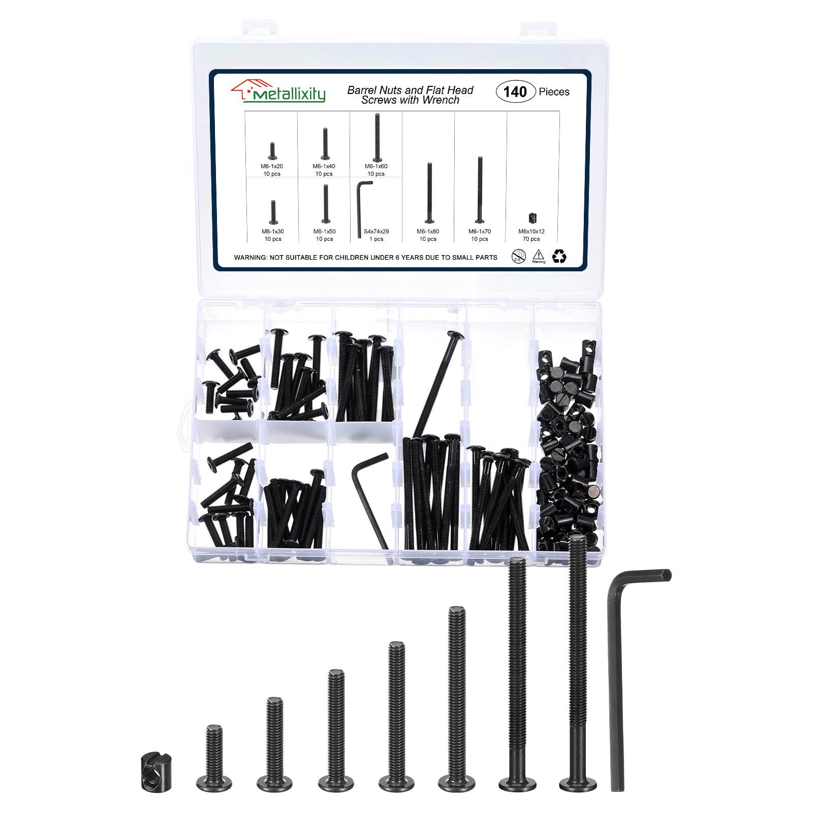 METALLIXITY Furniture Crib Screws Replacement Set with Wrench(M6-1x20/30/40/50/60/70/80mm) 140Pcs, Galvanization Connector Bolt M6 Barrel Nuts Binding Screws, for Chair Cabinet Bed, Black โ image 1