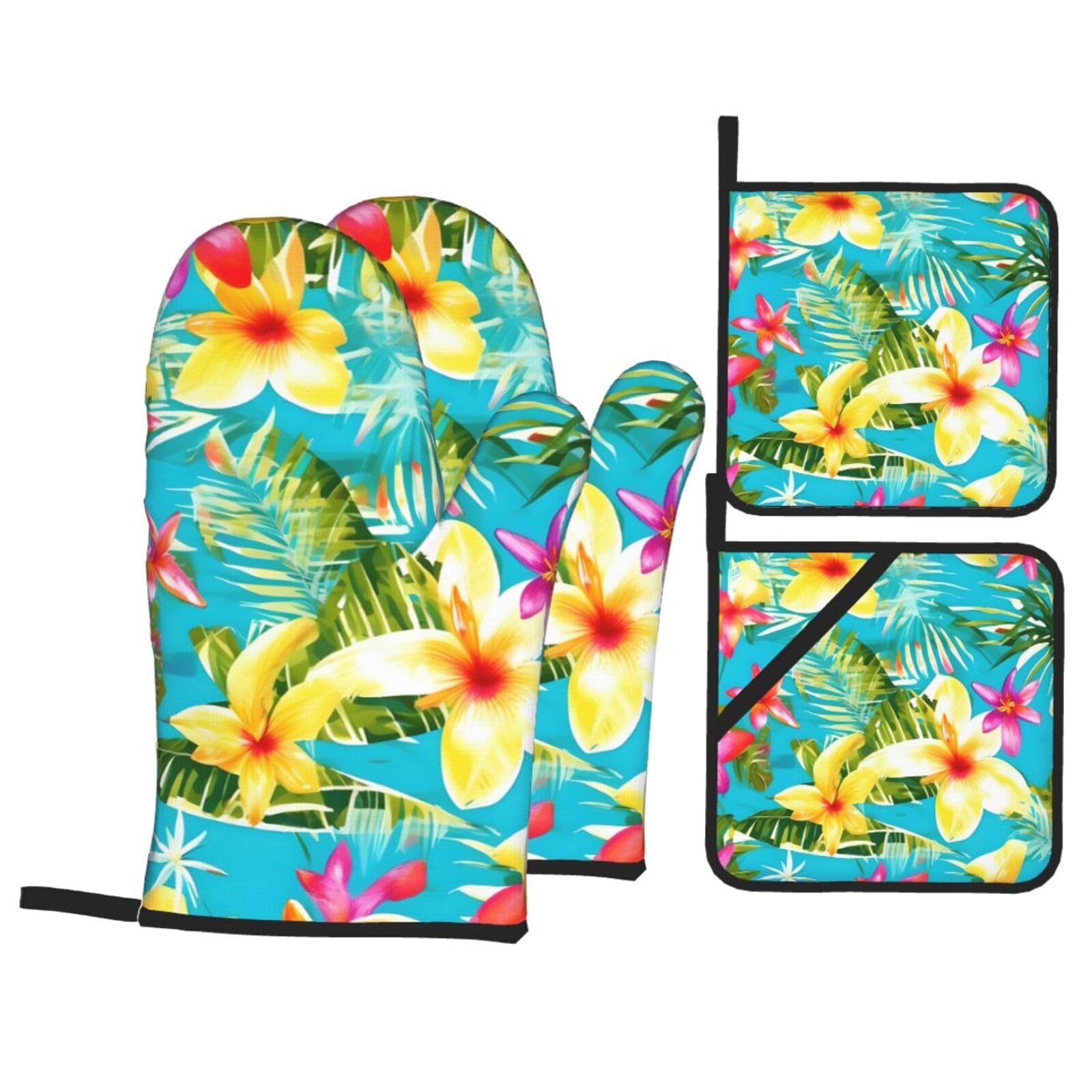 Nimongt Black Summer Style Hawaiian Print Heat-Resistant 4-Piece Oven Kitchen Gloves For Baking Cooking Microwaving Essentials