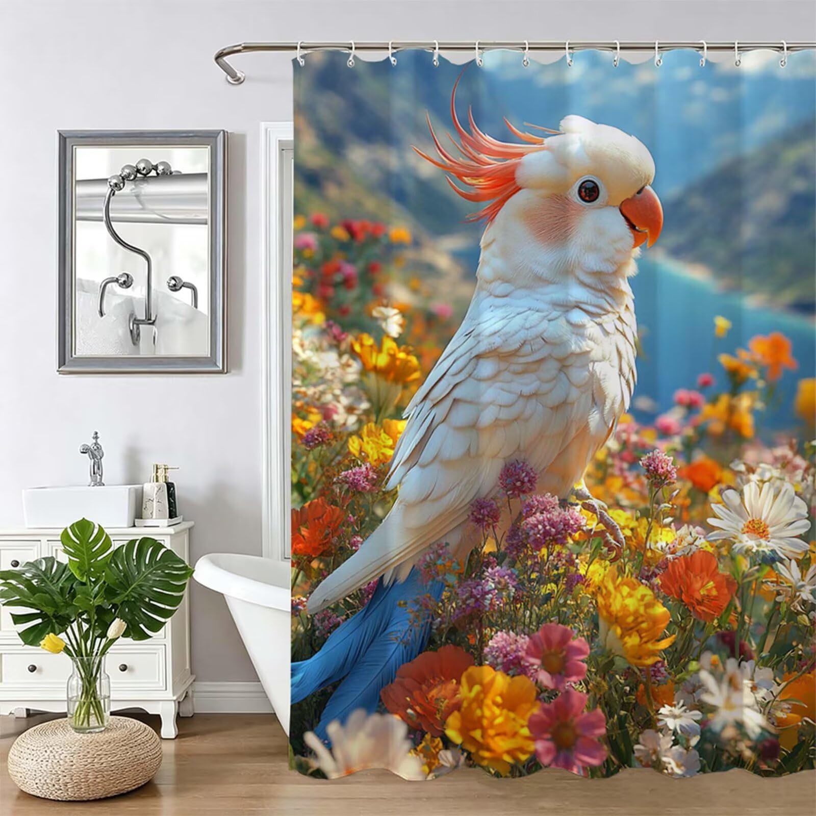 Tenda Doccia in Poliestere arancia,Tende per Doccia Extra Lunga 240x200cm,uccello Tenda Vasca da Bagno Tessuto Lavabile,Impermeabile e Facile da Pulire,con 12 Ganci,Decorazione per Bagno,Hotel Z-426