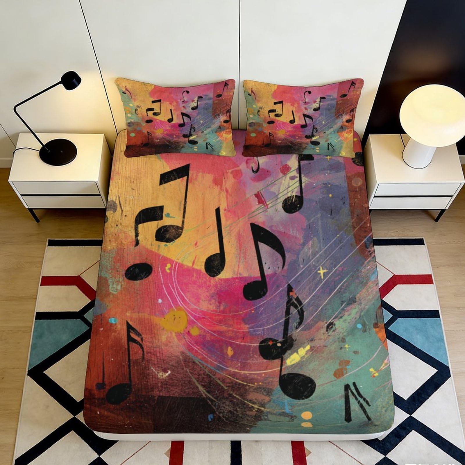 3D Printed Colorful Music Notes Fitted Sheet Microfiber Non-Slip Mattress Cover for Bedroom Dorm Easy Care 160x200x25cm