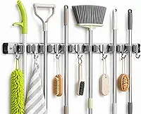 Suporte de Vassouras e Rodos de Parede inox com 9 acessórios – Organizador Multifuncional para Limpeza, Cozinha, Lavanderia, garagem e Área de Serviço – Instalação Fácil e Alta Resistência