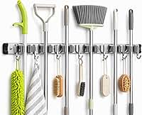 Suporte de Vassouras e Rodos de Parede inox com 9 acessórios – Organizador Multifuncional para Limpeza, Cozinha, Lavanderia, garagem e Área de Serviço – Instalação Fácil e Alta Resistência
