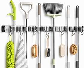 Suporte de Vassouras e Rodos de Parede inox com 9 acessórios – Organizador Multifuncional para Limpeza, Cozinha, Lavanderia, garagem e Área de Serviço – Instalação Fácil e Alta Resistência
