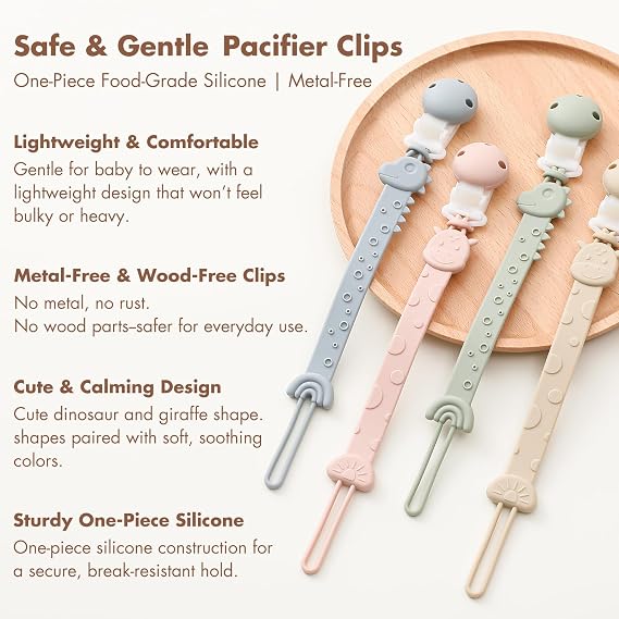 Pacifier Clips for Baby Boys Girls, One-Piece Silicone Pacifier Holder Strap 4 Pack, Binky Paci Clips Animal Rainbow Design, Lightweight Break-Resistant, Dishwasher Safe-Ivory+Baby Blue