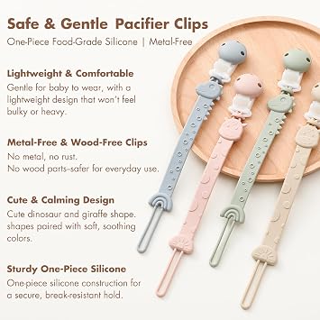 Pacifier Clips for Baby Boys Girls, One-Piece Silicone Pacifier Holder Strap 4 Pack, Binky Paci Clips Animal Rainbow Design, Lightweight Break-Resistant, Dishwasher Safe-Ivory+Baby Blue