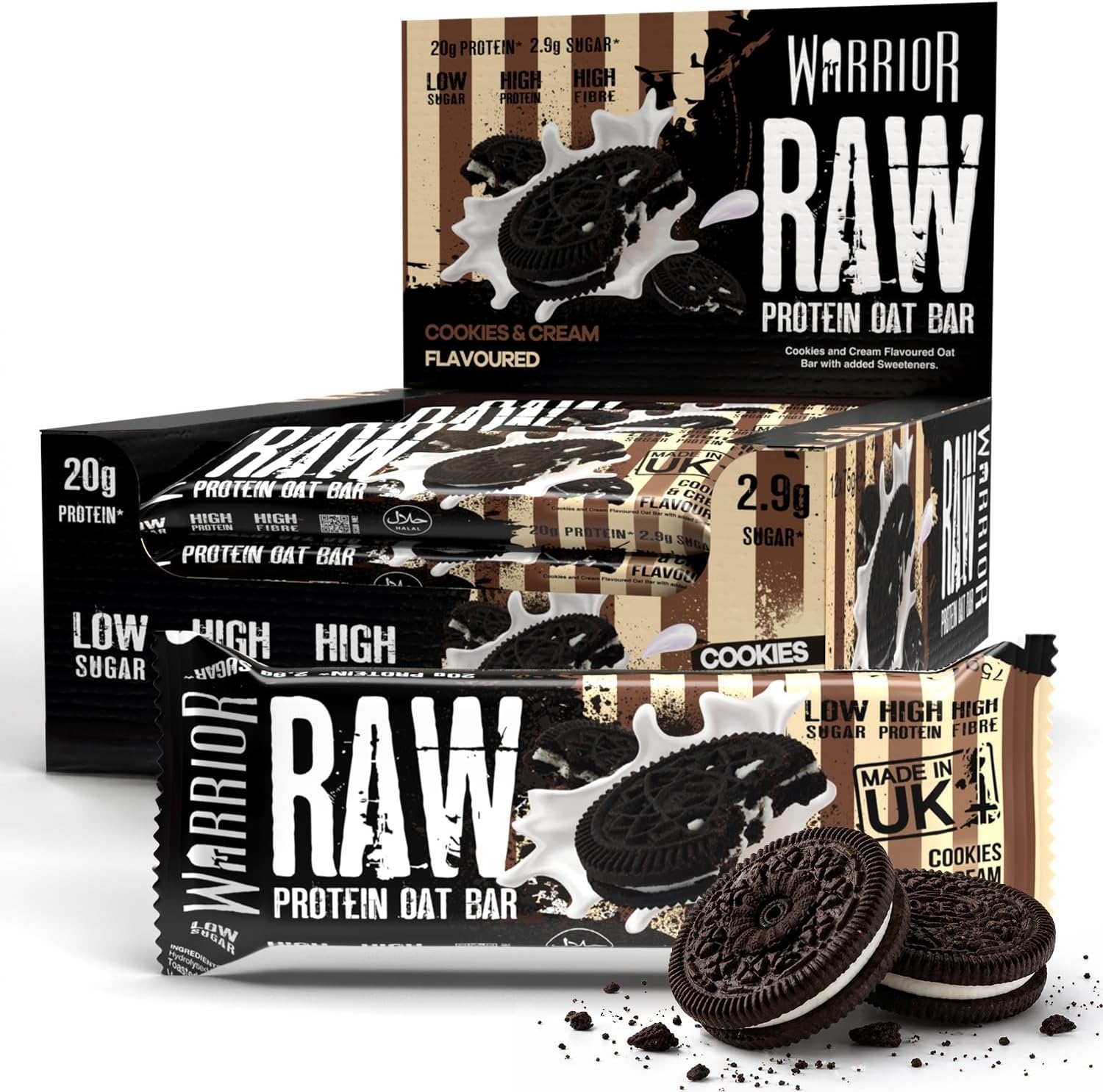 RAW Protein Bars 12 x 75g – 20g High Protein Bar, Low Sugar High Fibre Oat Protein Flapjack – Protein Snacks, Meal Replacement Bars (Cookies and Cream)