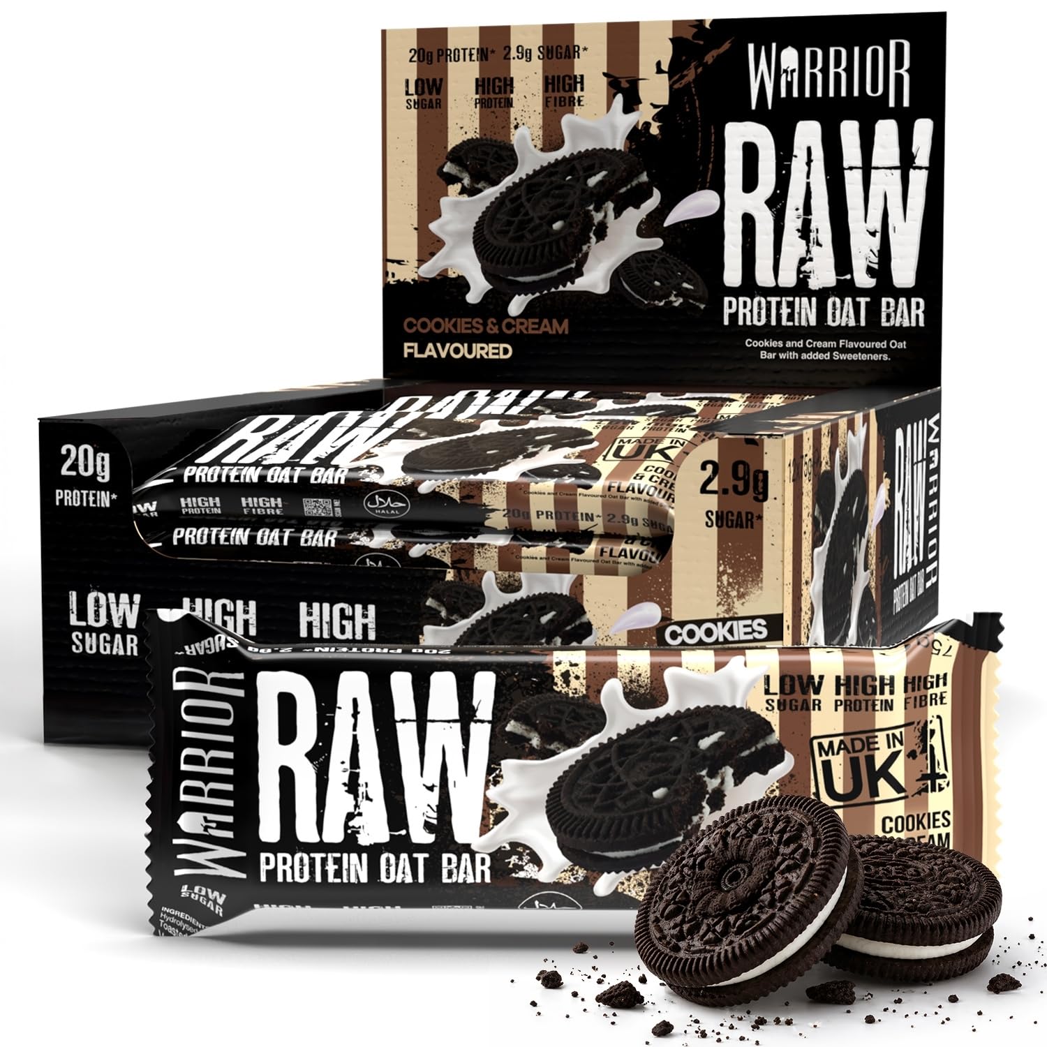 Warrior RAW Protein Bars 12 x 75g – 20g High Protein Bar, Low Sugar High Fibre Oat Protein Flapjack – Protein Snacks, Meal Replacement Bars (Cookies and Cream)