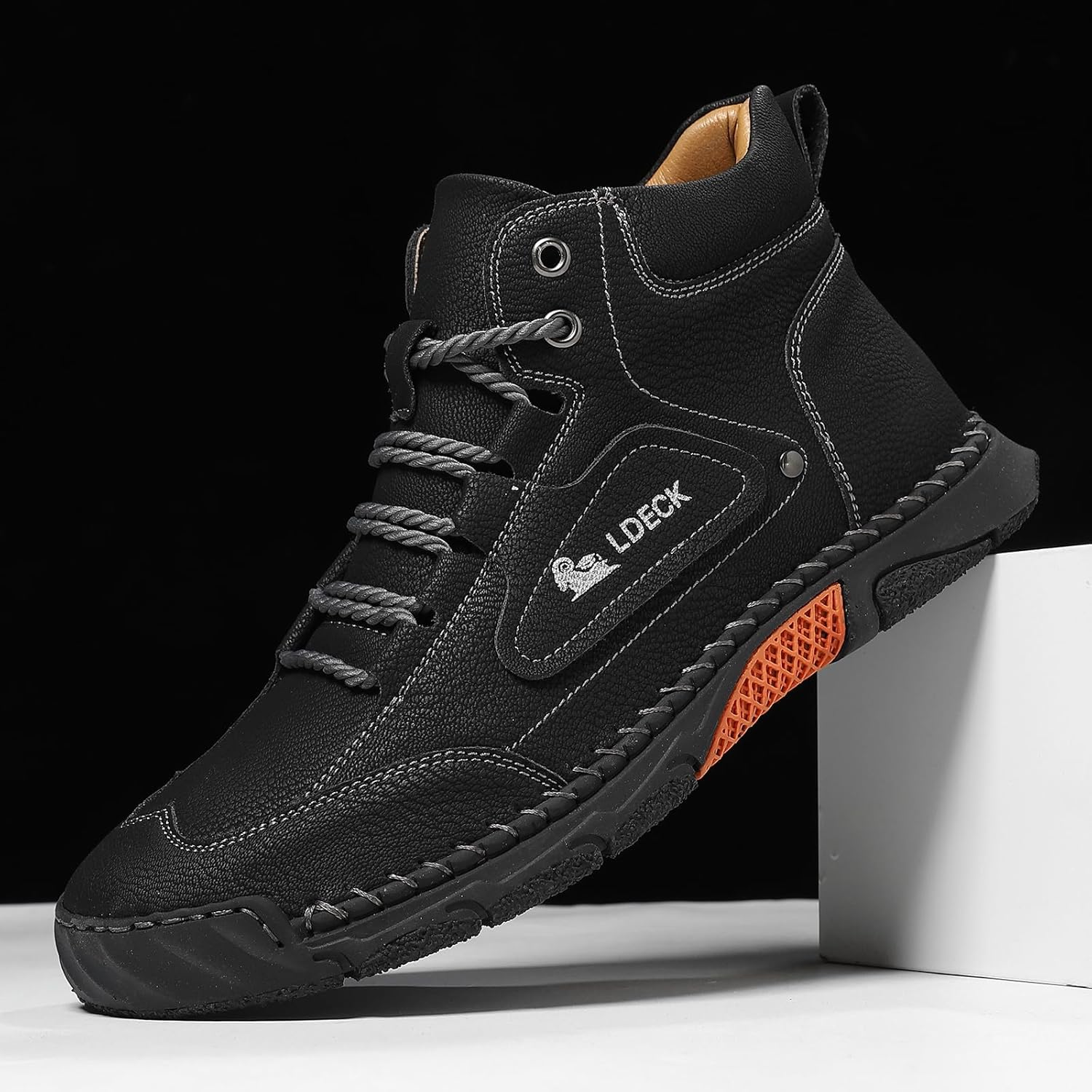 Men's Leather Wide Spacious Toe Hiking Boots Fashion Handmade Waterproof Orthopedic Arch Support Lace Up Ankle Chukka Boots Comfortable Lightweight Mid Top Outdoor Walking Driving Shoes