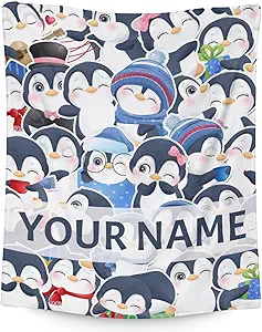 Custom Penguin Blankets with Name - Soft Warm Blanket Throw for Kids, Adults - 60"x80" Flannel Blankets for Bed, Couch, Sofa - Blue Cute Blanket Gifts