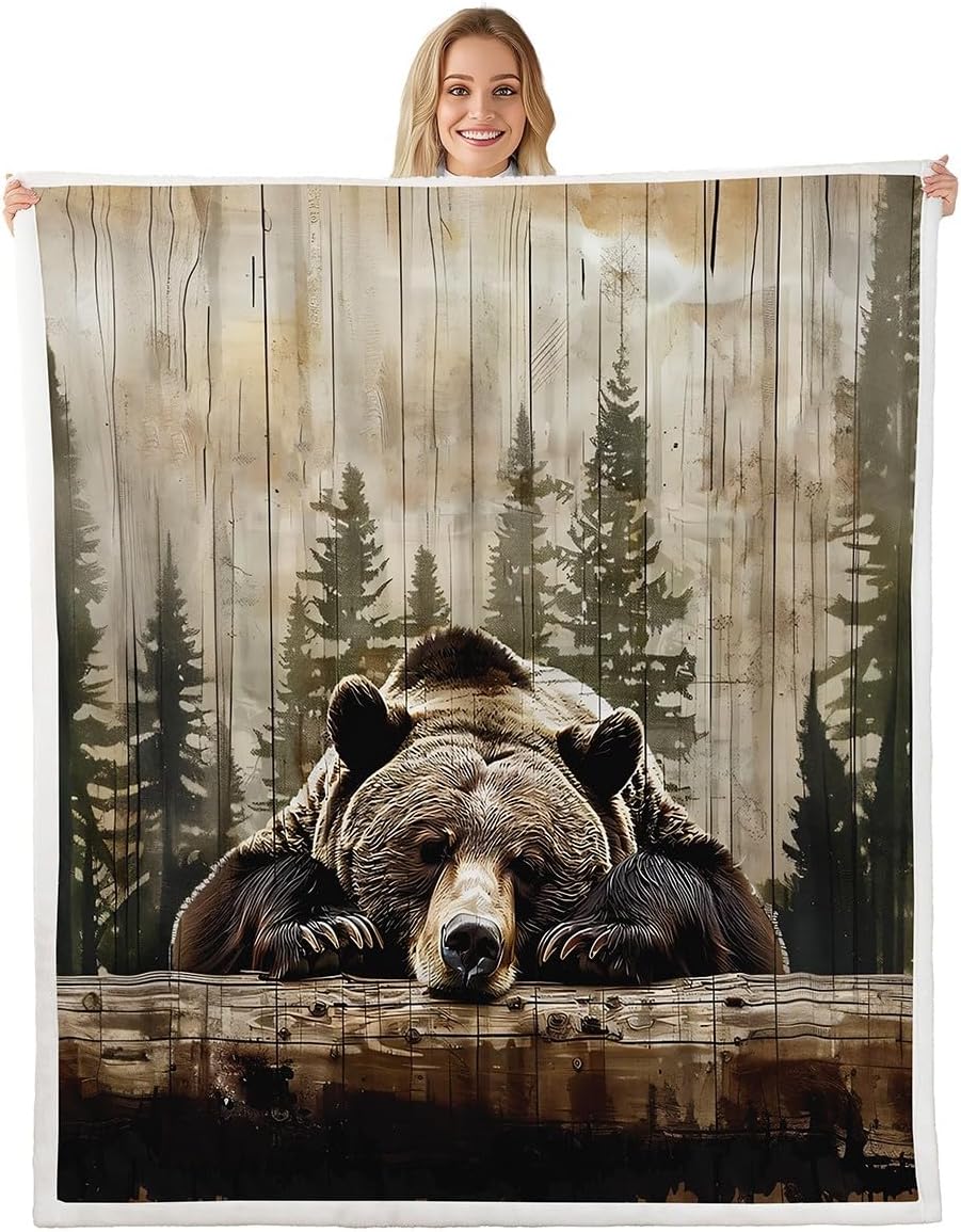Feelyou Grizzly Bear Fleece Throw Blanket Wild Animal Hunting Sherpa Blanket Kids Boys Wild Animal Decor for Livingroom Rustic Farmhouse Decor for Sofa Bed Couch,Twin 60x80 Inches,Twin 60x80 Inches