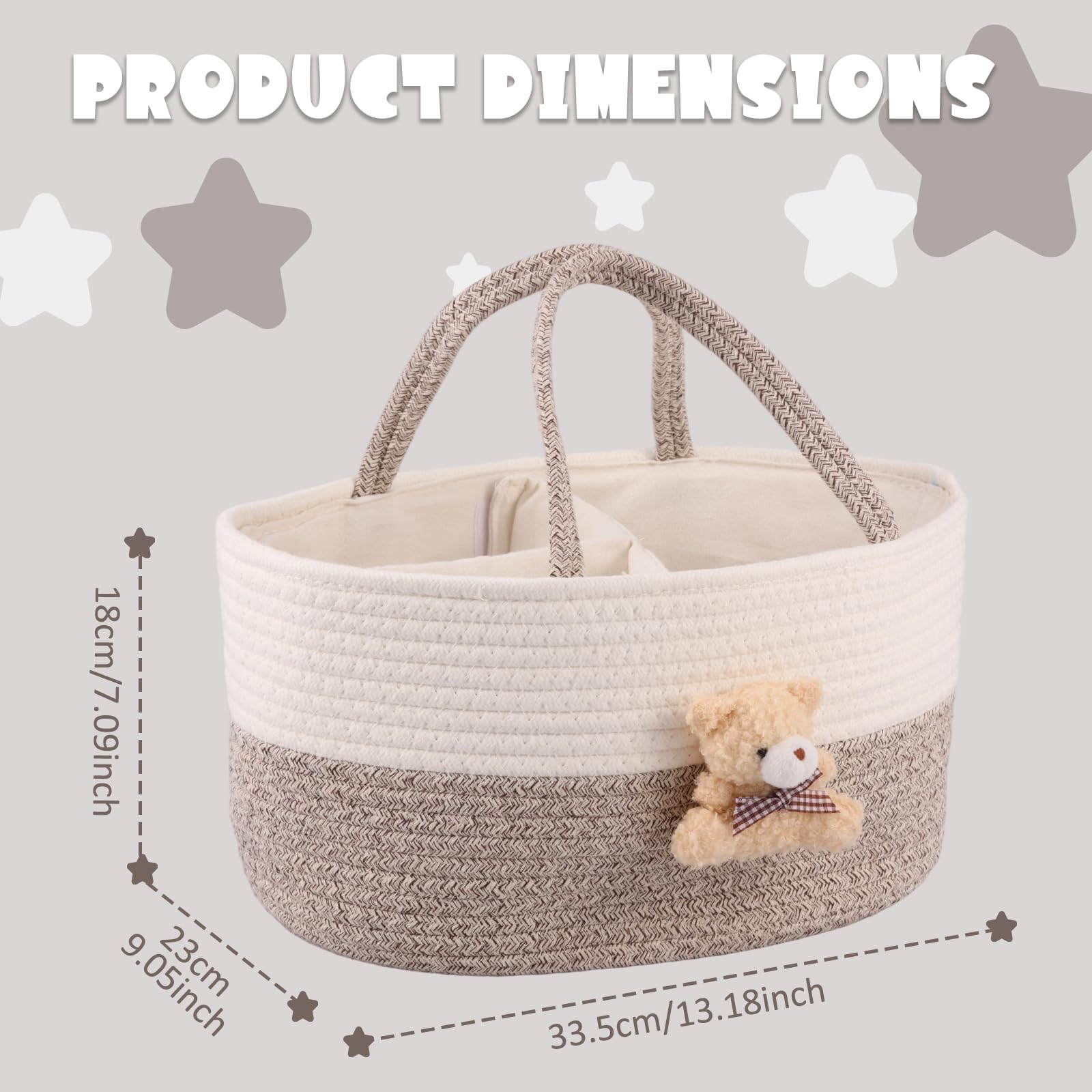 Nappy Caddy Organiser Soft Cotton Rope Baby Diaper Caddy Basket 33.5x23x18cm Cute Portable Tote Bag for Newborn Essentials Boy or Girl Baby Shower Basket Gift with Sturdy Handle(Khaki) - Image 2