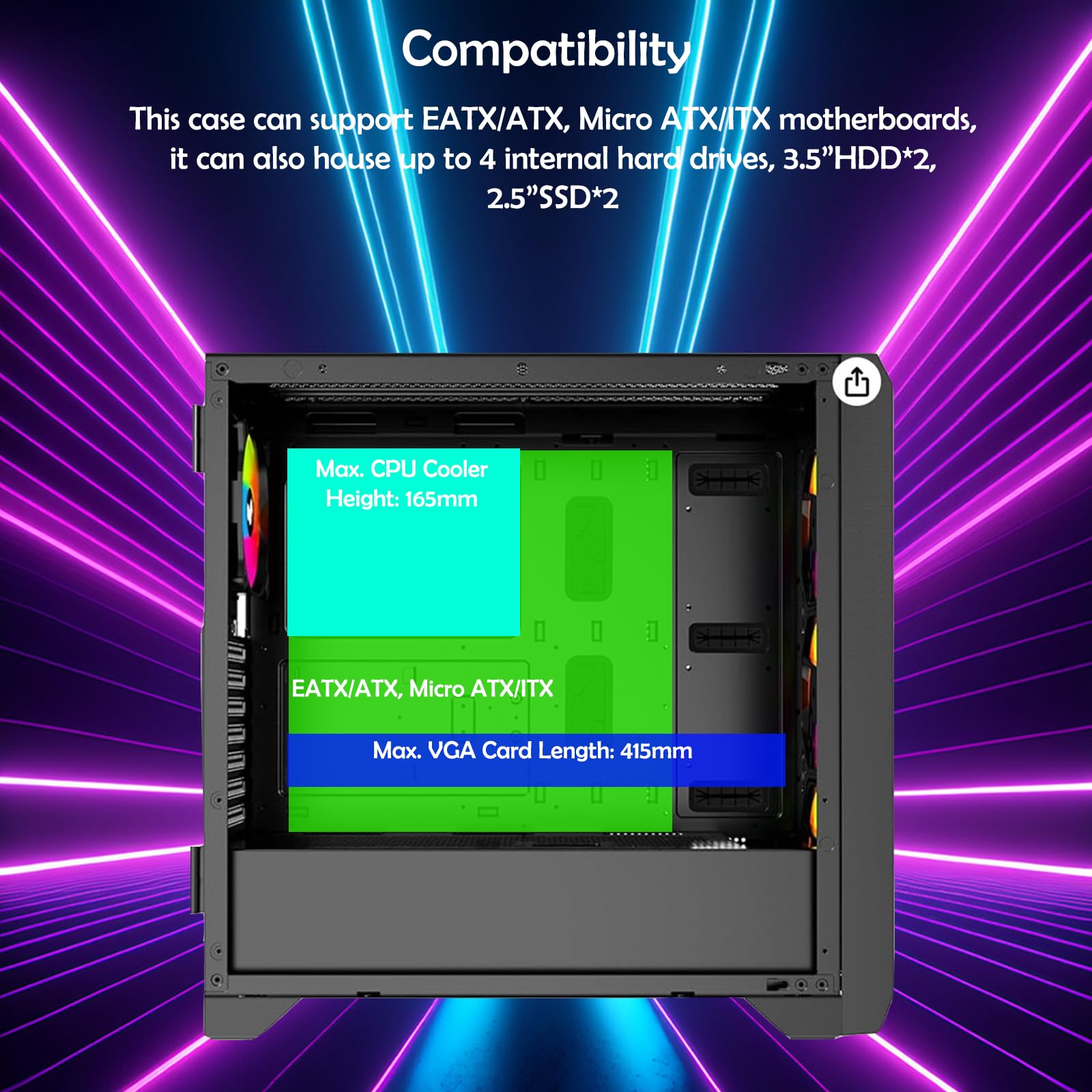 iONZ GE336F V2 XL - Custodia da gioco per PC, vetro temperato, torre centrale, flusso d'aria frontale, EATX | I/O superiore di tipo C include 4 ventole ARGB e PWM - Nero (V2, nuovo, nero)