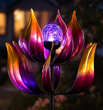 Solar Wind Spinner Outdoor Metal Decor - 61" Tall Lotus Kinetic Yard Art with Color-Changing Crackle Glass LED Light, Dual-Directional Wind Catcher Lawn Ornament for Garden, Patio & Yard Gift