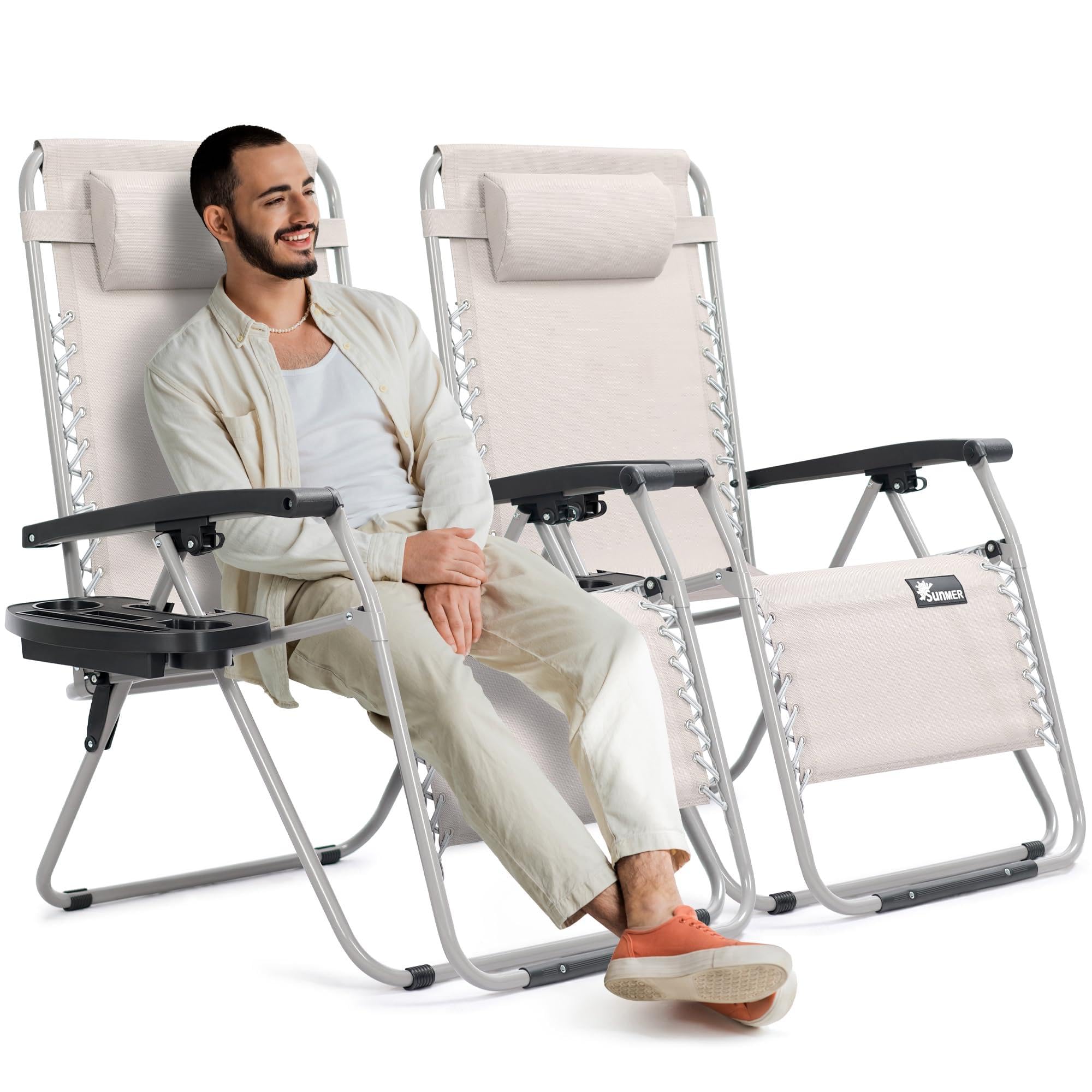 SUNMER XXL Sun Lounger Extra Wide Garden Chairs - Extra Wide Set of 2 Zero Gravity Chairs with Cup & Phone Holder, Adjustable Headrest & Pillow - Folding Deck Recliner Outdoor Seating - Grey