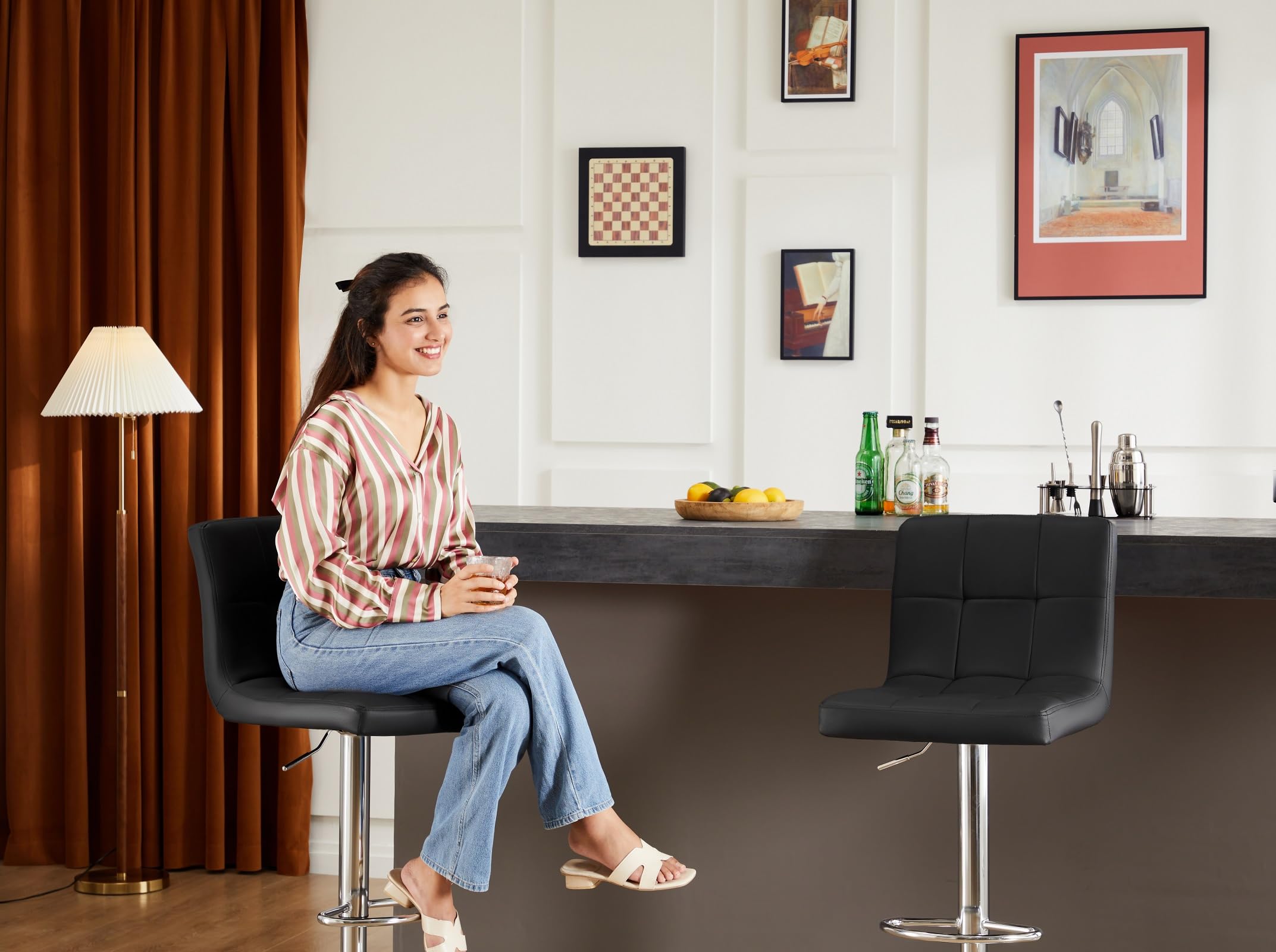 Bar Stools Modern PU Leather, Counter Height Dinning Chairs, Armless Barstool with Back Footrest for Kitchen Island Restaurant