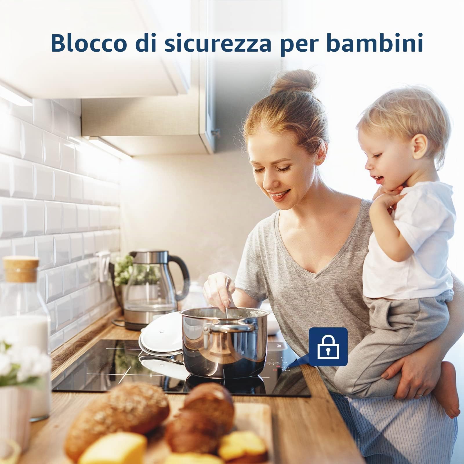IsEasy Piano cottura a induzione a 4 zone con 9 livelli di potenza e timer da 1-99 min, funzione boost, piastra a induzione, forno a induzione con 4 piastre, 60 cm, 6800 W, nero