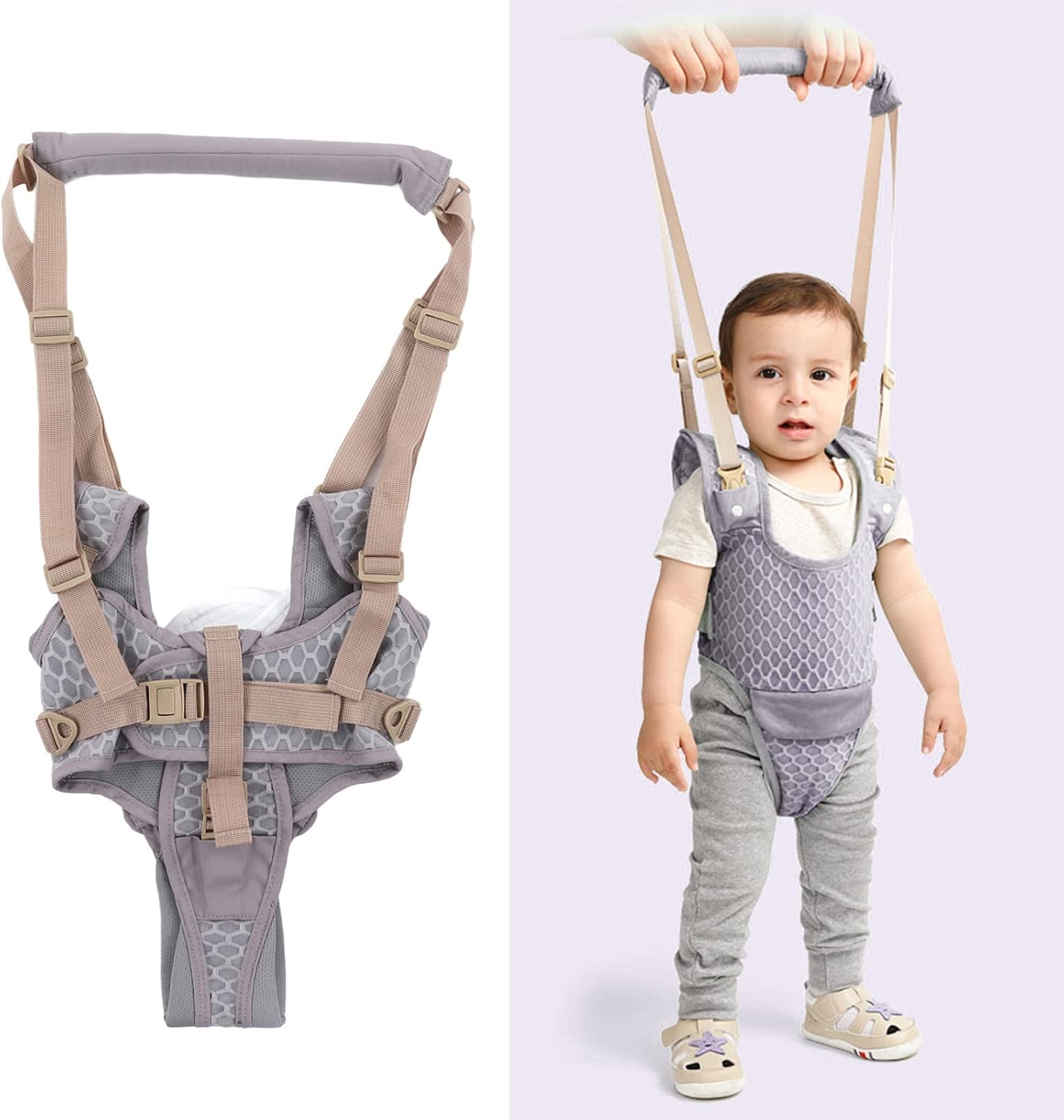 Baby Walking Harnesses, Lightweight Adjustable Detachable Crotch Pad Handheld Toddler Walk Assistant Belt Adjustable Standing Up and Walking Learning Helper for 8‑24M(Monsoon Grey-Profile Mesh)