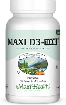 Maxi Health Vitamin D3 1000 IU Dietary Supplement - Easy to Swallow - Odorless & Tasteless - Supports Calcium Absorption, Immune Health and Bone Health in Adult Women & Men - 180 Tablets