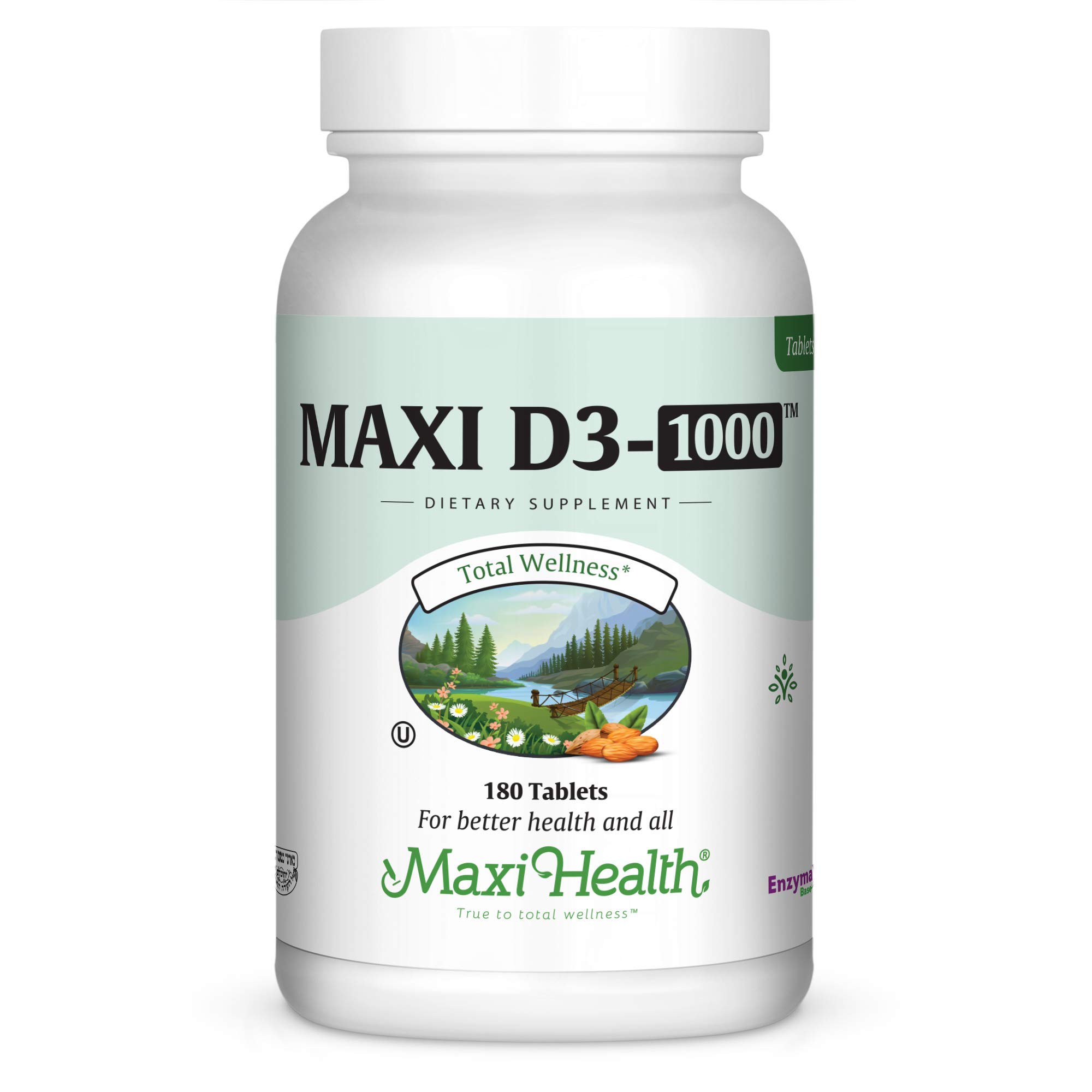 Maxi Health Vitamin D3 1000 IU Dietary Supplement - Easy to Swallow - Odorless & Tasteless - Supports Calcium Absorption, Immune Health and Bone Health in Adult Women & Men - 180 Tablets