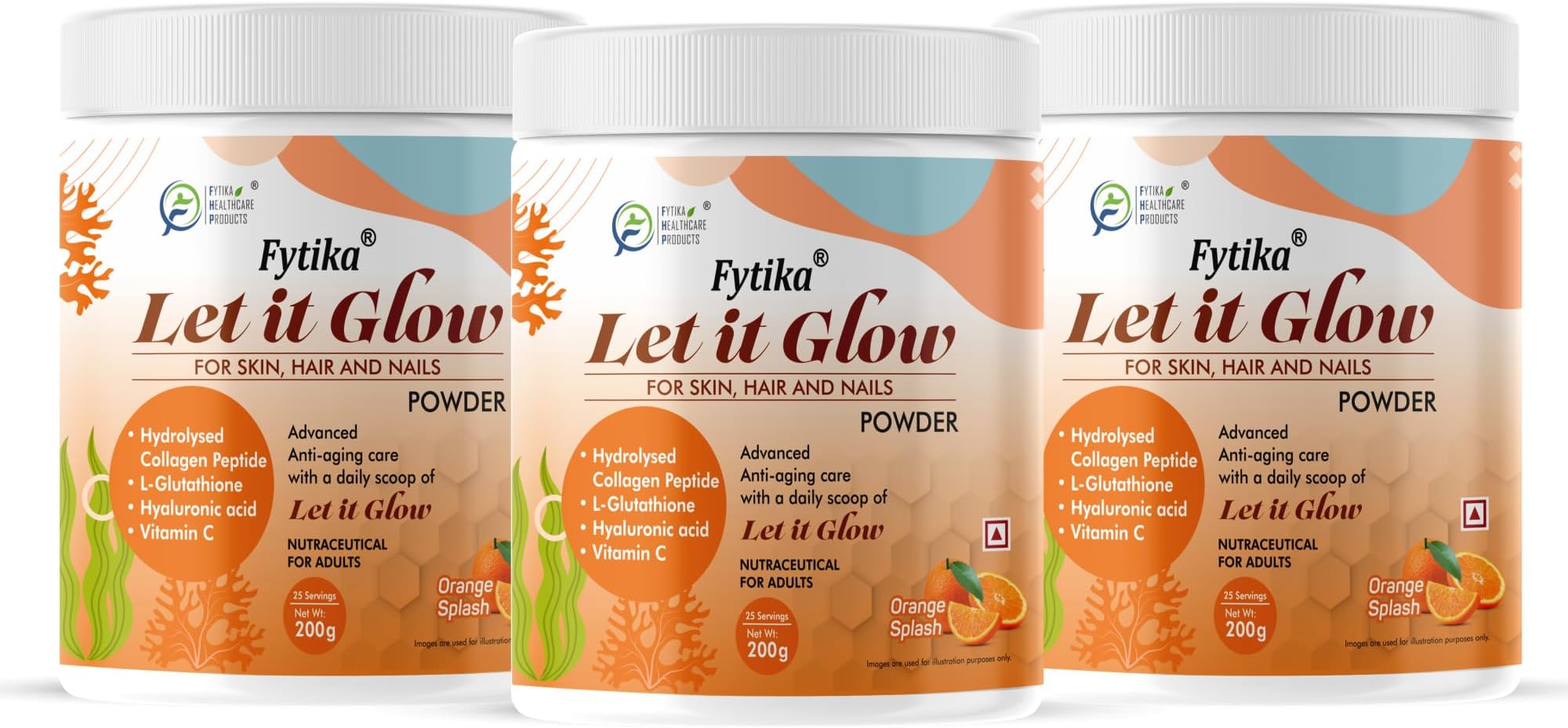 Let It Glow 200G Each (Orange, Pack of 3) Marine Collagen Supplement for Men & Women|L- Glutathione, Vitamin C, Sesbania Agati Extract|Promotes Healthy Skin, Hairs and Nails