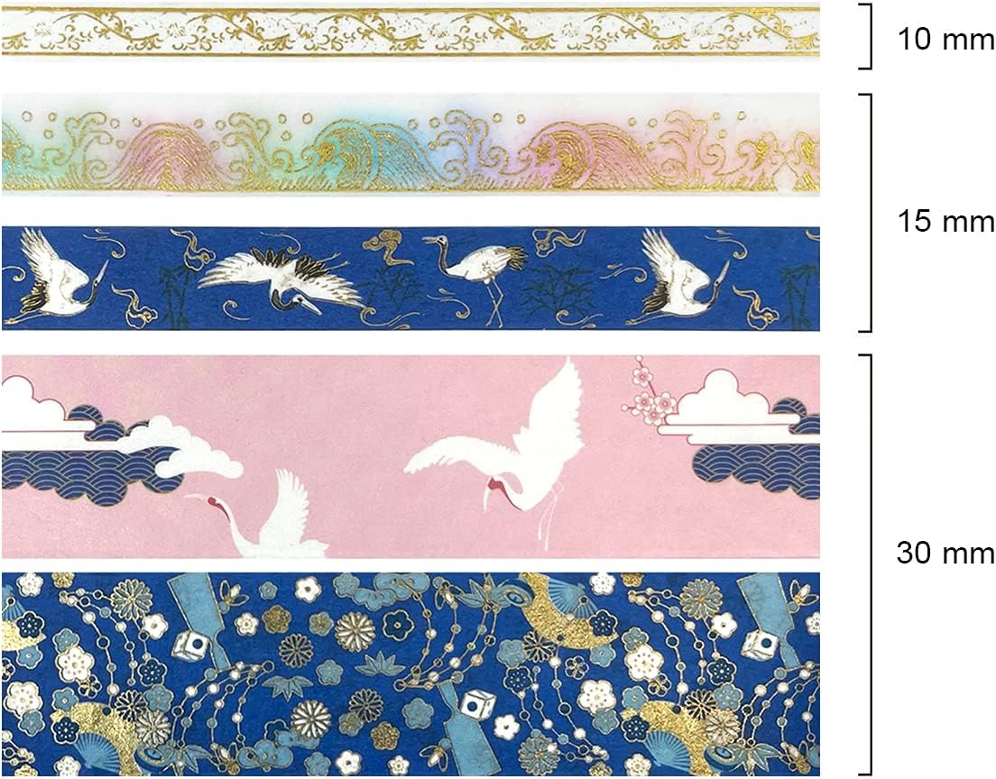 allydrew Decorative Gold Foil Washi Tape and Sticker Set for Stationery, Diary, Card Making (10 Rolls & 10 Sheets), Cranes Blue image 5